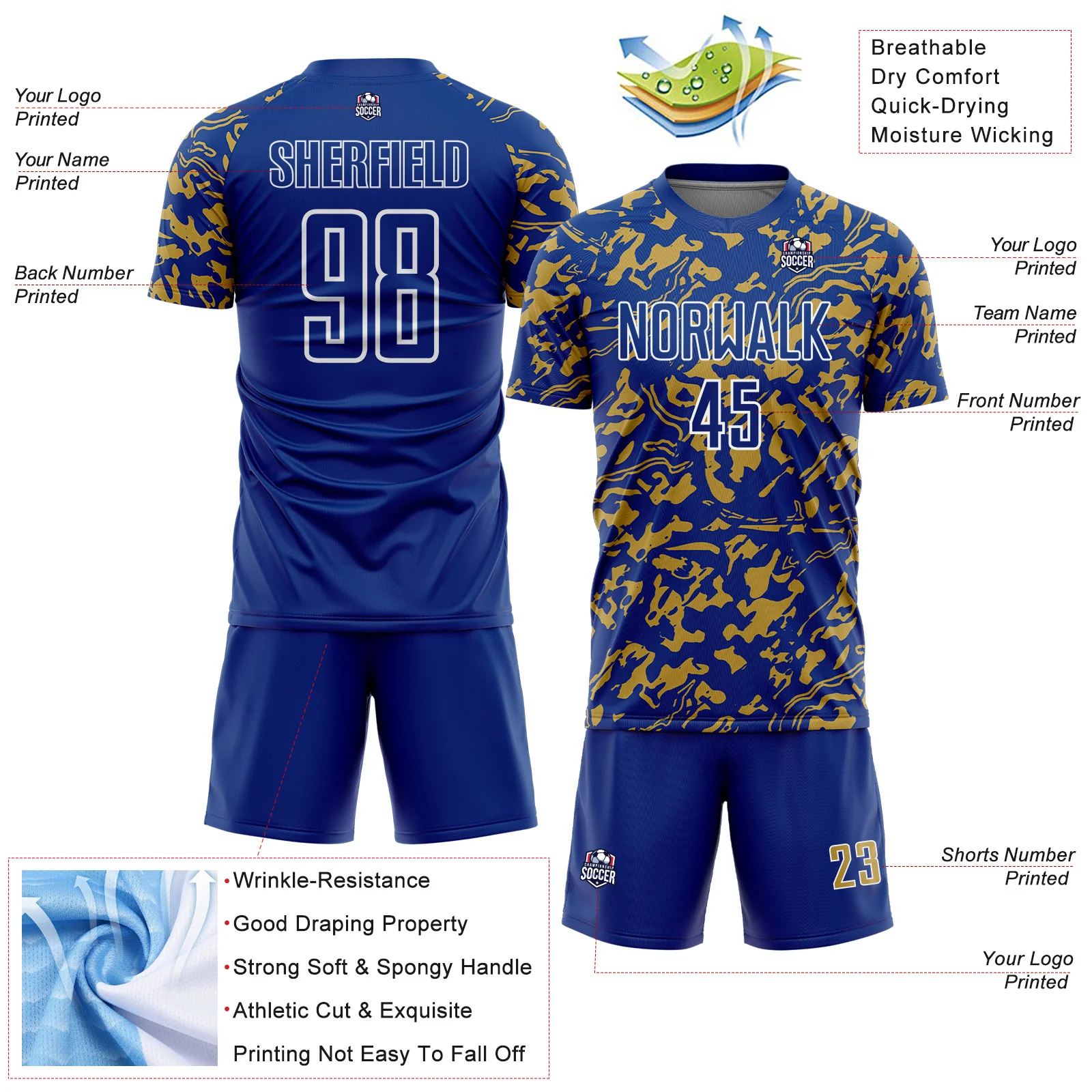 Custom Royal Old Gold-White Liquid Fluid Pattern Sports Sublimation Soccer Uniform Jersey - Image 4