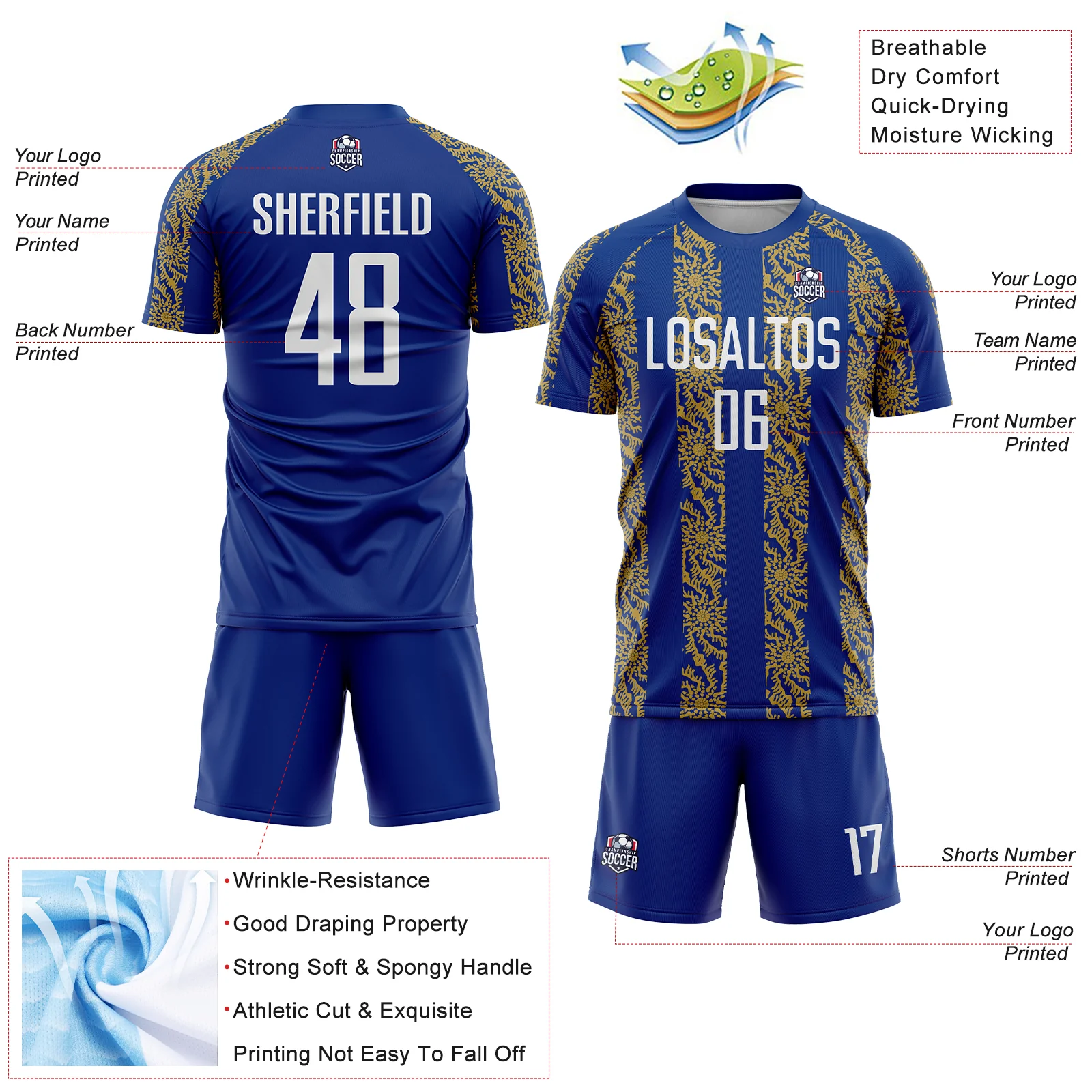 Custom Royal White-Old Gold Abstract Shape Sublimation Soccer Uniform Jersey - Image 4