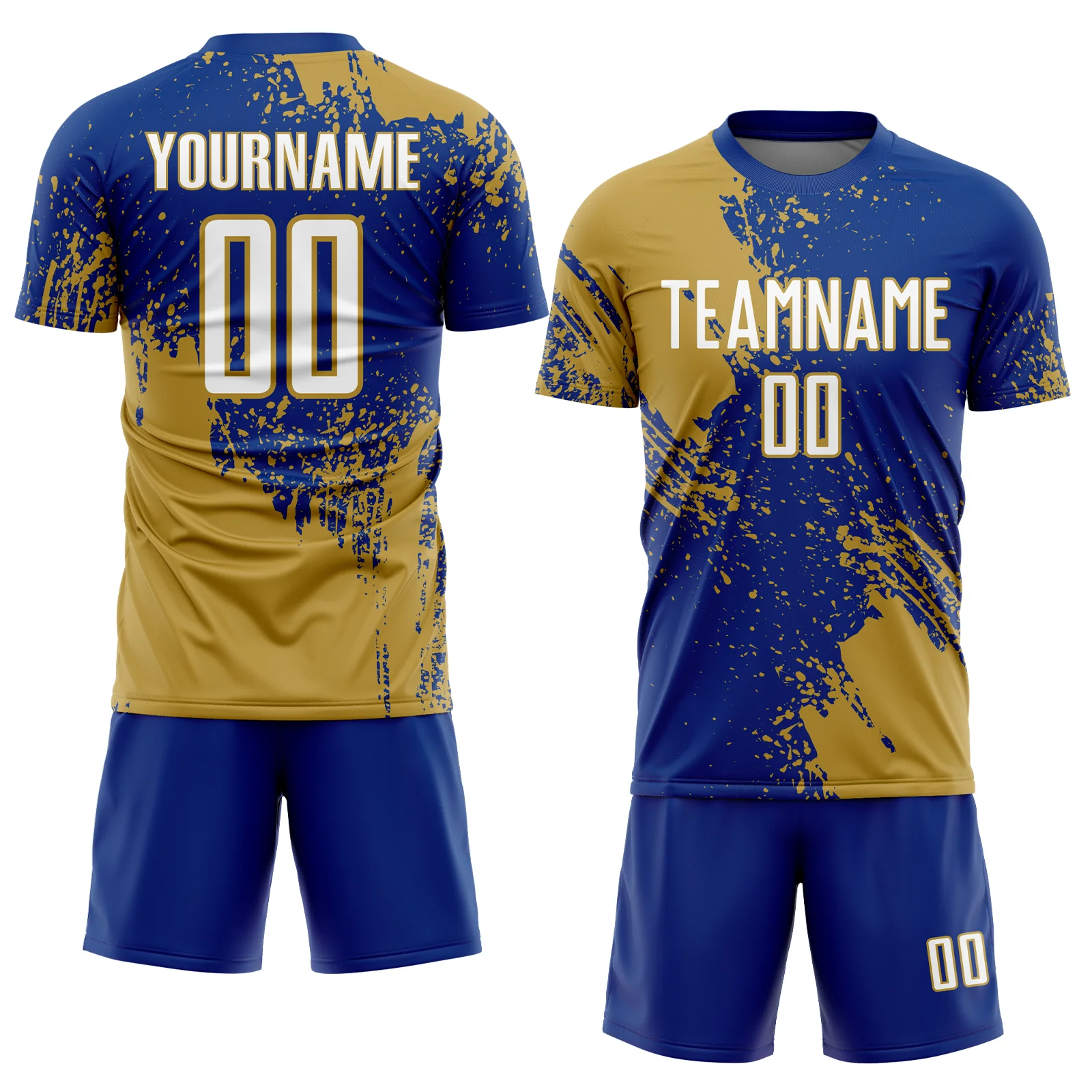 Custom Royal White-Old Gold Abstract Brush Stroke Sports Sublimation Soccer Uniform Jersey - Image 2