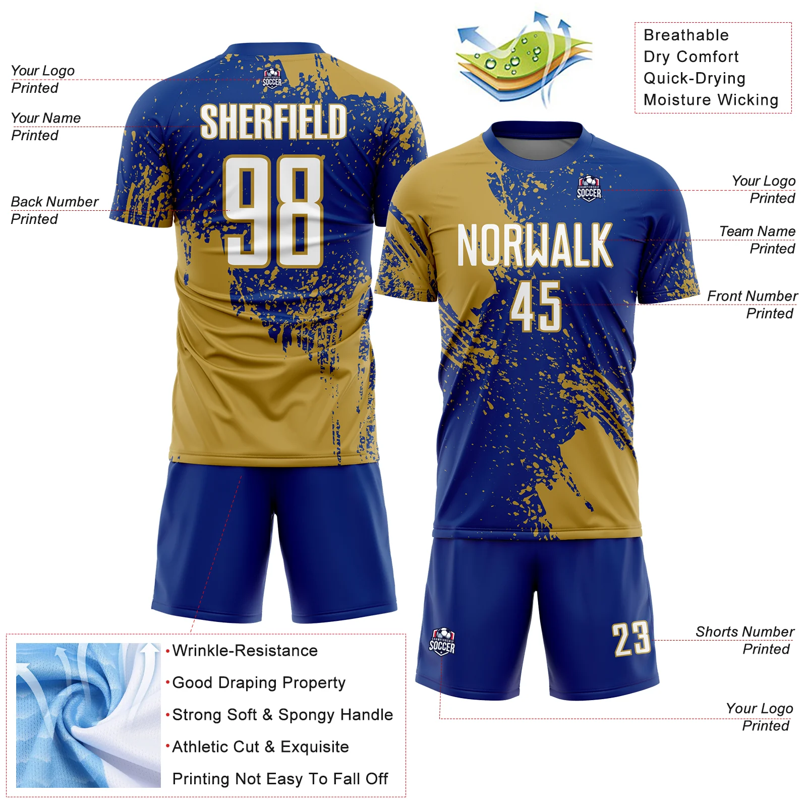 Custom Royal White-Old Gold Abstract Brush Stroke Sports Sublimation Soccer Uniform Jersey - Image 4
