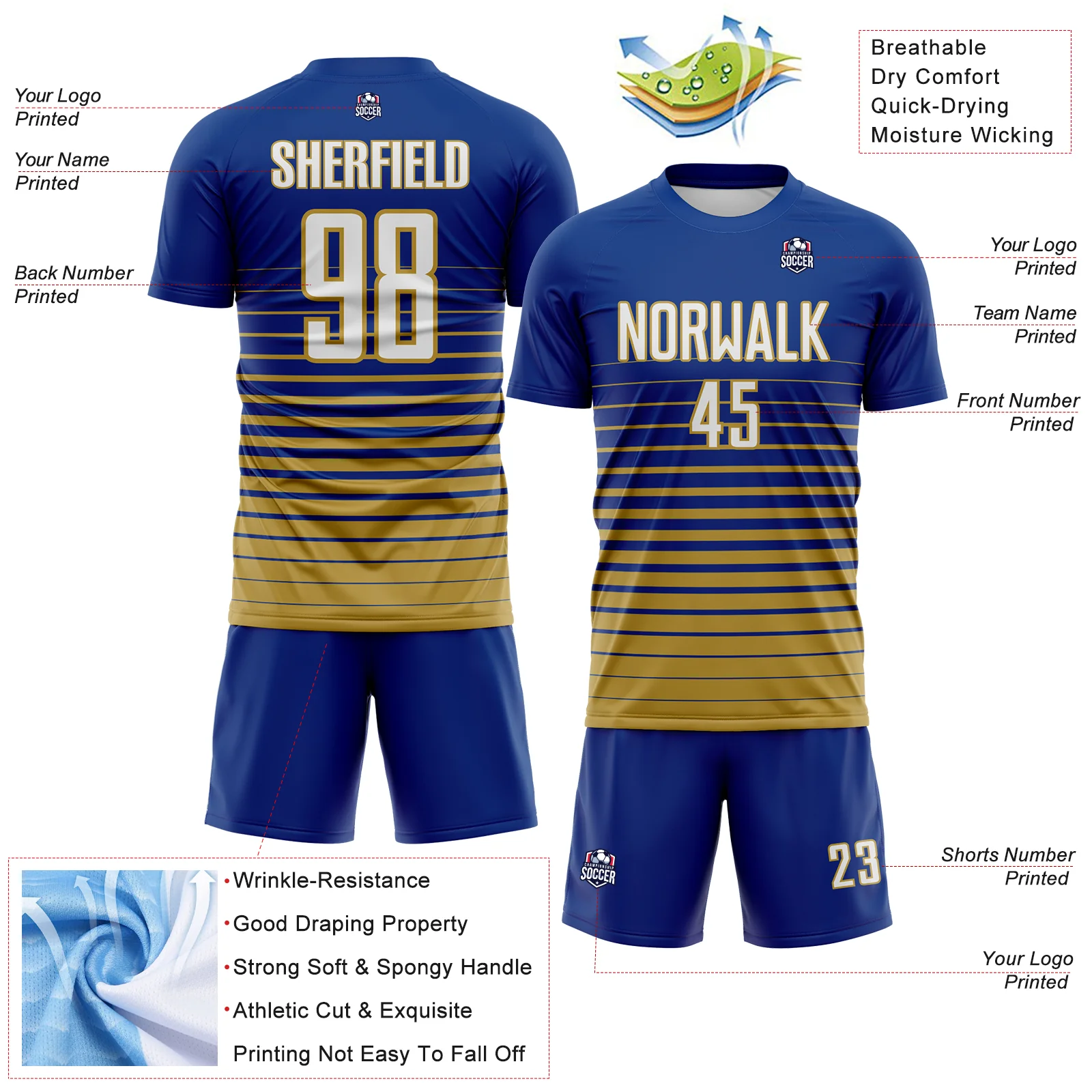 Custom Royal White-Old Gold Gradient Pinstripe Sublimation Soccer Uniform Jersey - Image 4