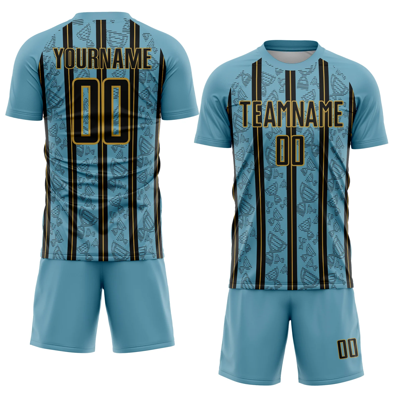 Custom Shadow Blue Black-Old Gold Stripe Line Sublimation Soccer Uniform Jersey - Image 2
