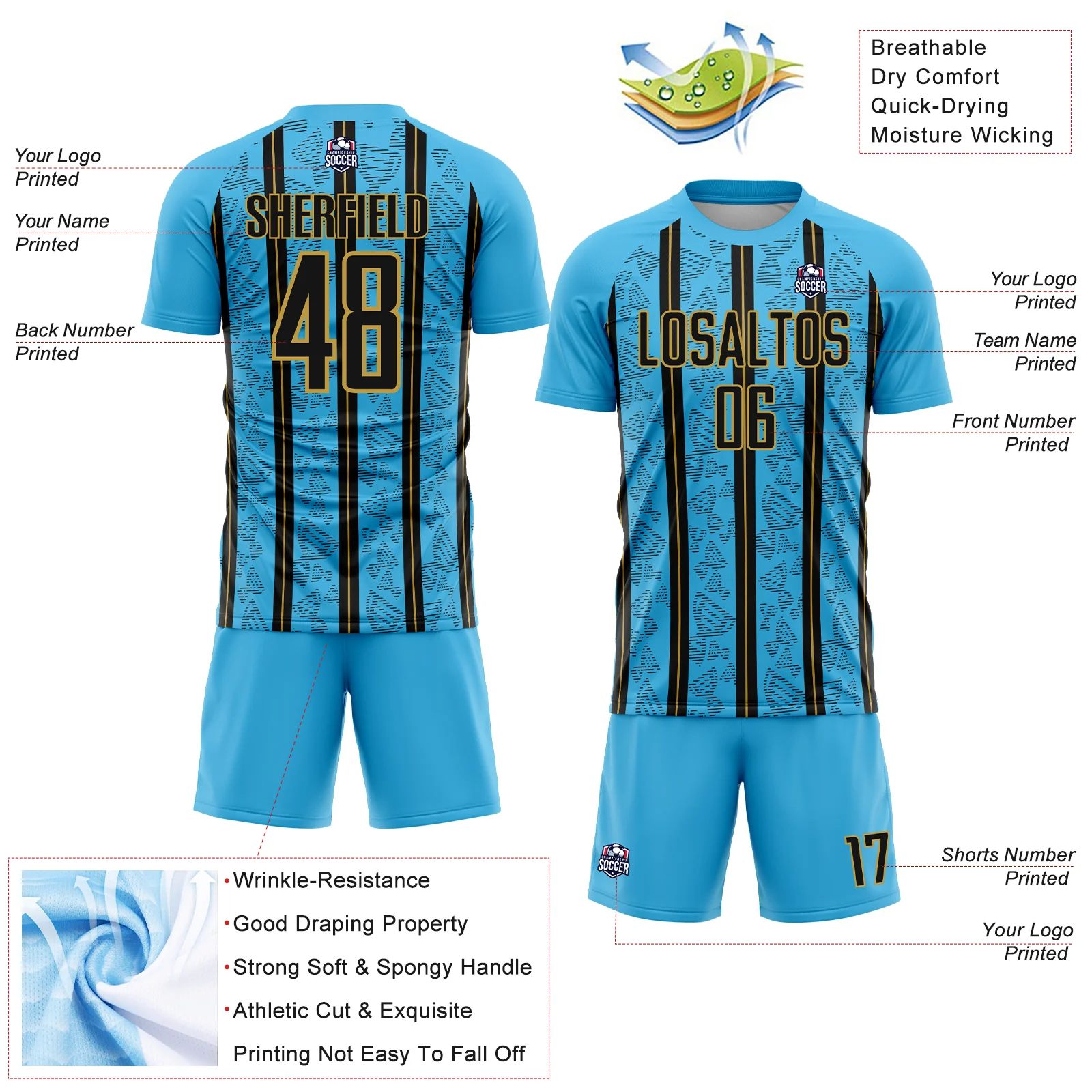 Custom Sky Blue Black-Old Gold Stripe Line Sublimation Soccer Uniform Jersey - Image 4