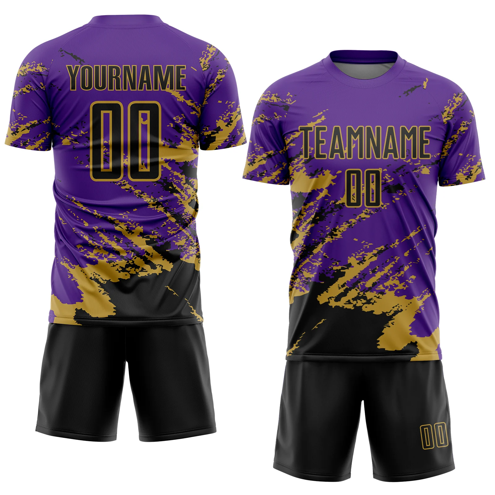 Custom Purple Black-Old Gold Abstract Fragment Art Splash Sports Sublimation Soccer Uniform Jersey - Image 2