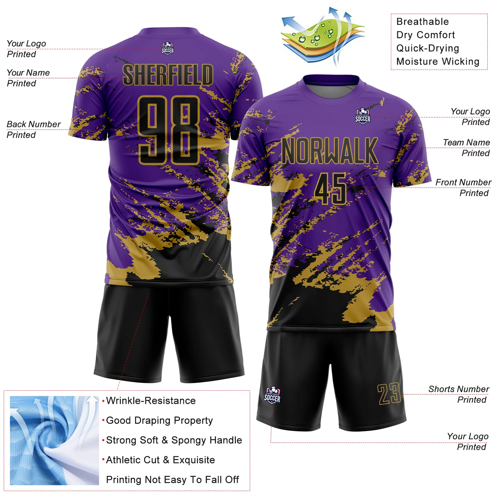 Custom Purple Black-Old Gold Abstract Fragment Art Splash Sports Sublimation Soccer Uniform Jersey - Image 4