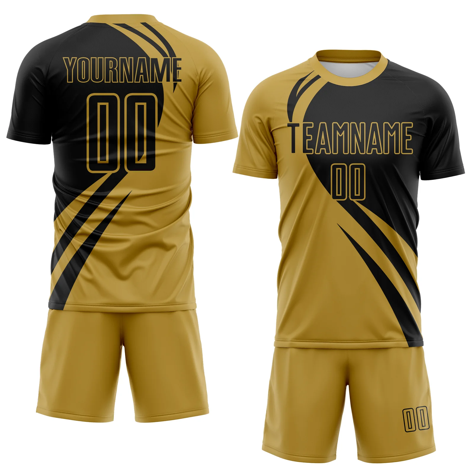 Custom Old Gold Black Diagonal Streamline Color Block Swirl Curve Lines Sublimation Soccer Uniform Jersey - Image 2