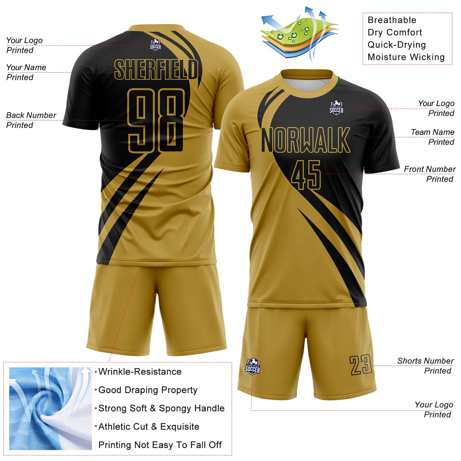 Custom Old Gold Black Diagonal Streamline Color Block Swirl Curve Lines Sublimation Soccer Uniform Jersey - Image 3