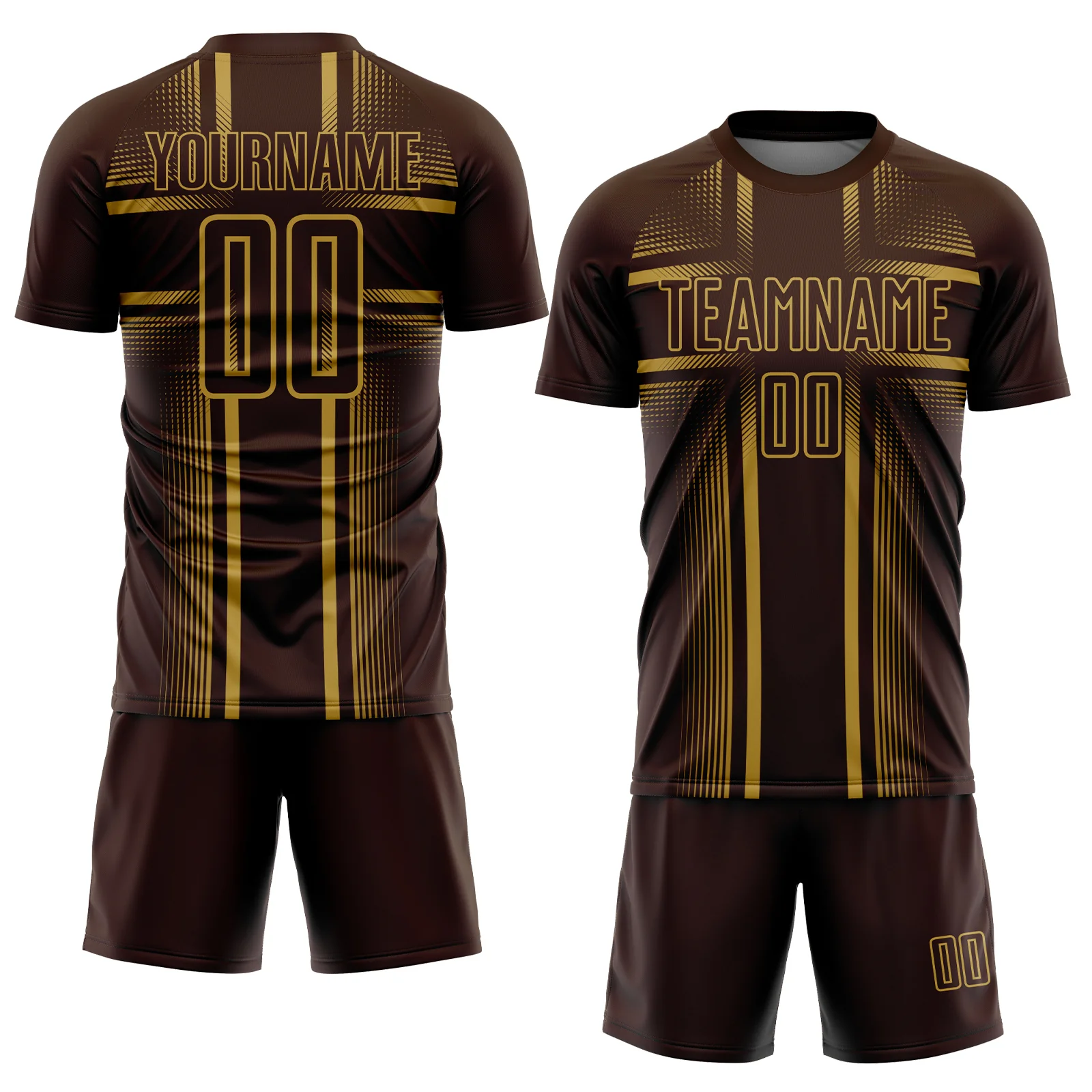 Custom Brown Old Gold Lines Sublimation Soccer Uniform Jersey - Image 2
