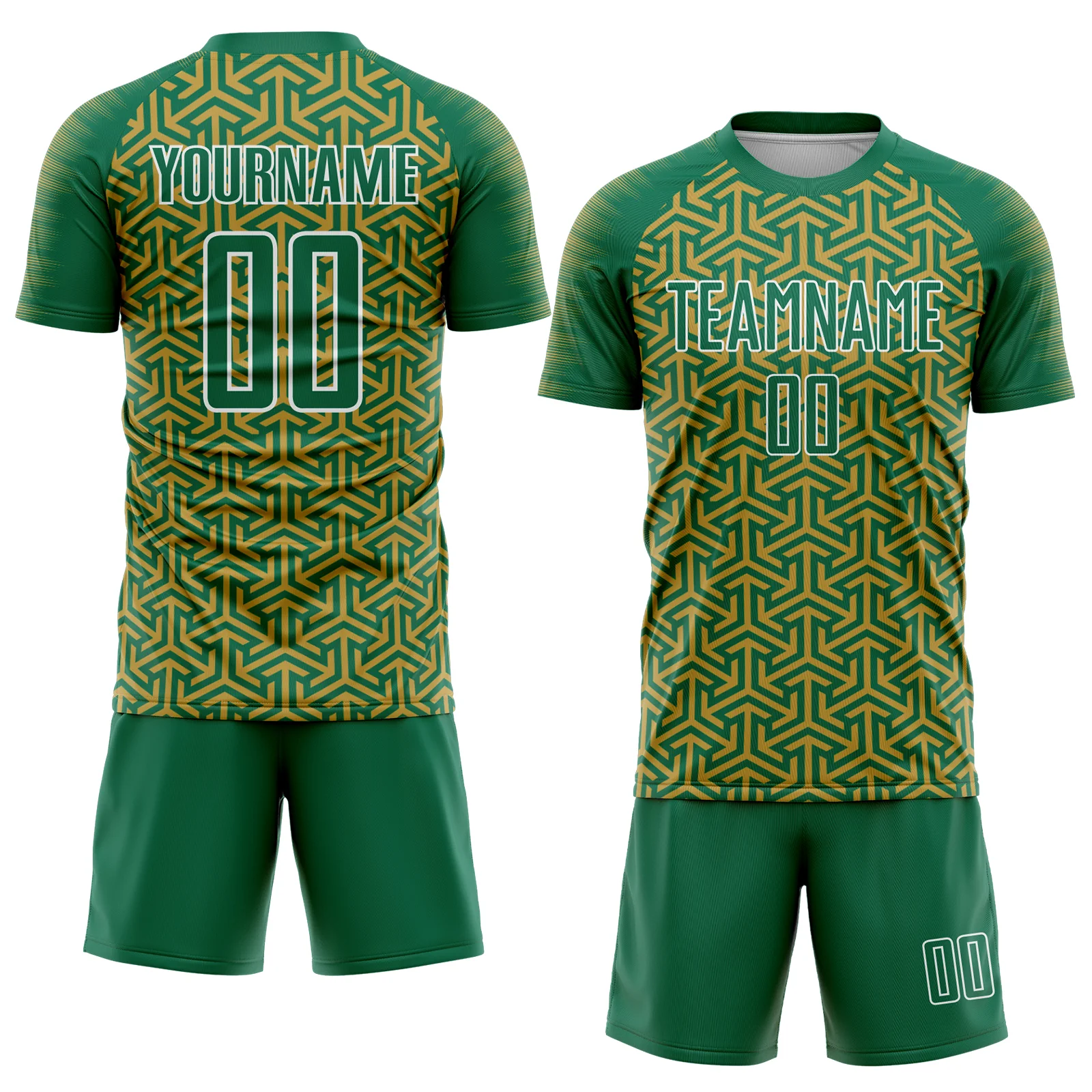 Custom Kelly Green Old Gold-White Geometric Arrow Sublimation Soccer Uniform Jersey - Image 2
