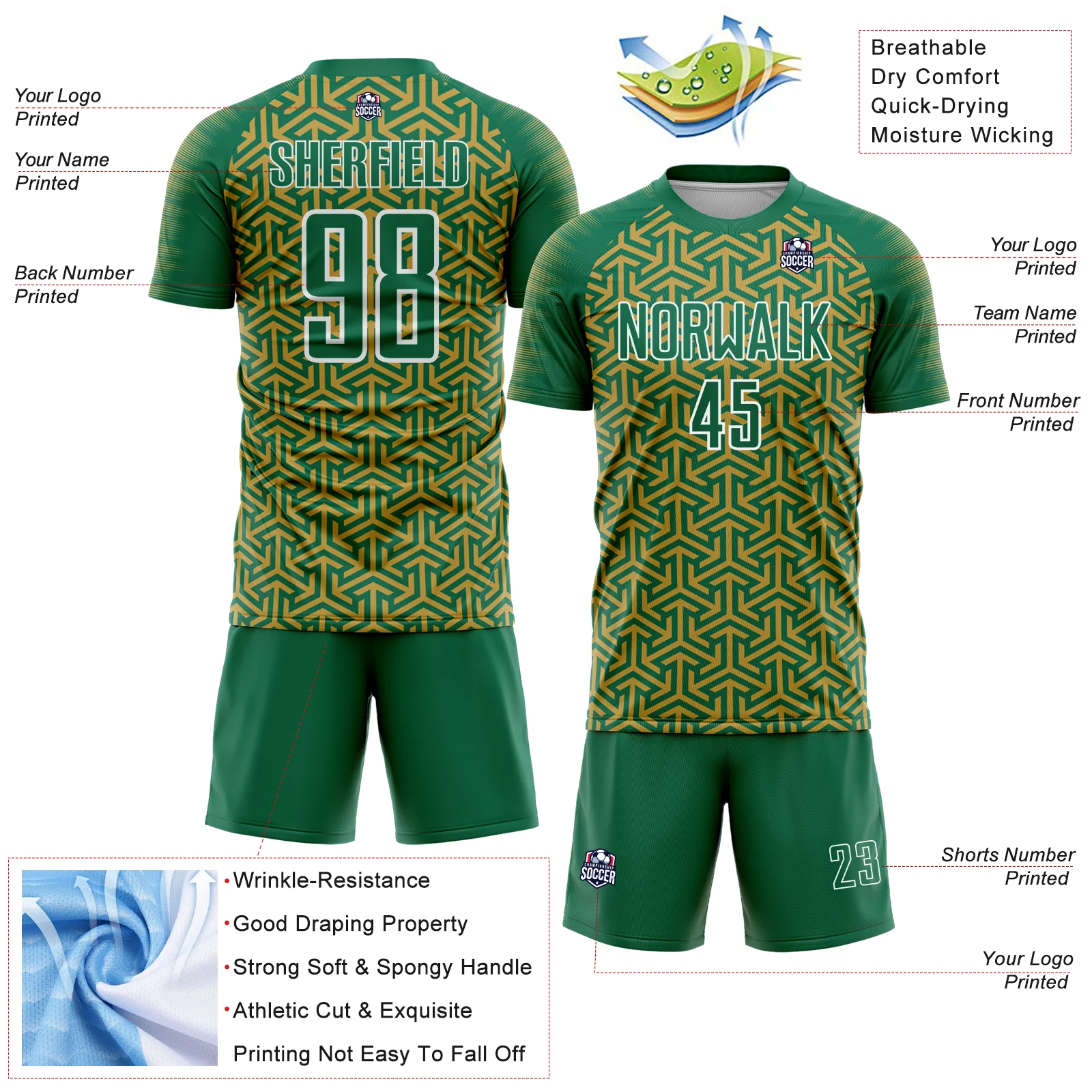 Custom Kelly Green Old Gold-White Geometric Arrow Sublimation Soccer Uniform Jersey - Image 4