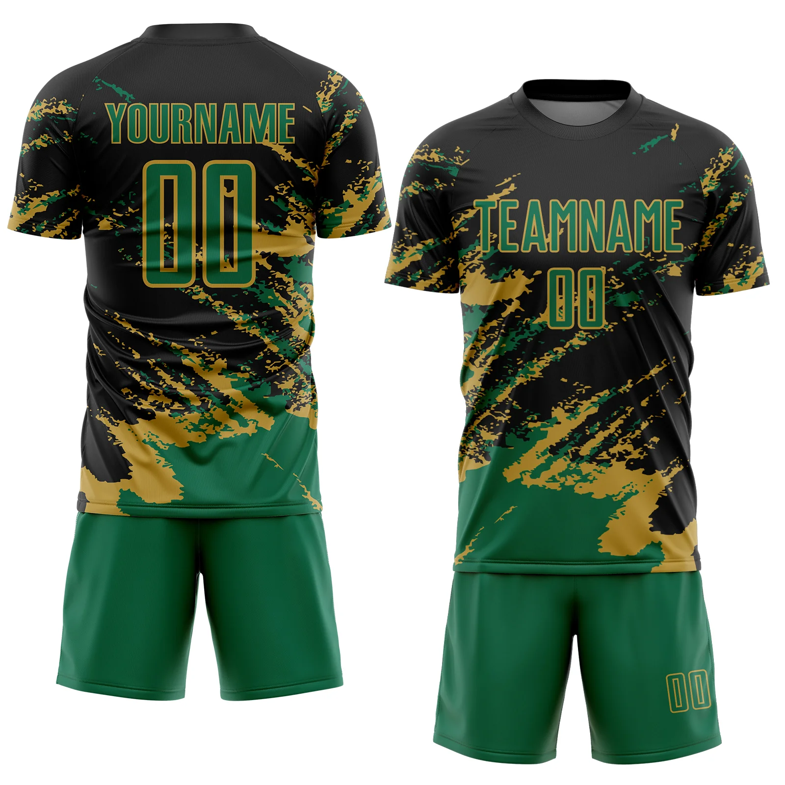 Custom Black Kelly Green-Old Gold Abstract Fragment Art Splash Sports Sublimation Soccer Uniform Jersey - Image 2
