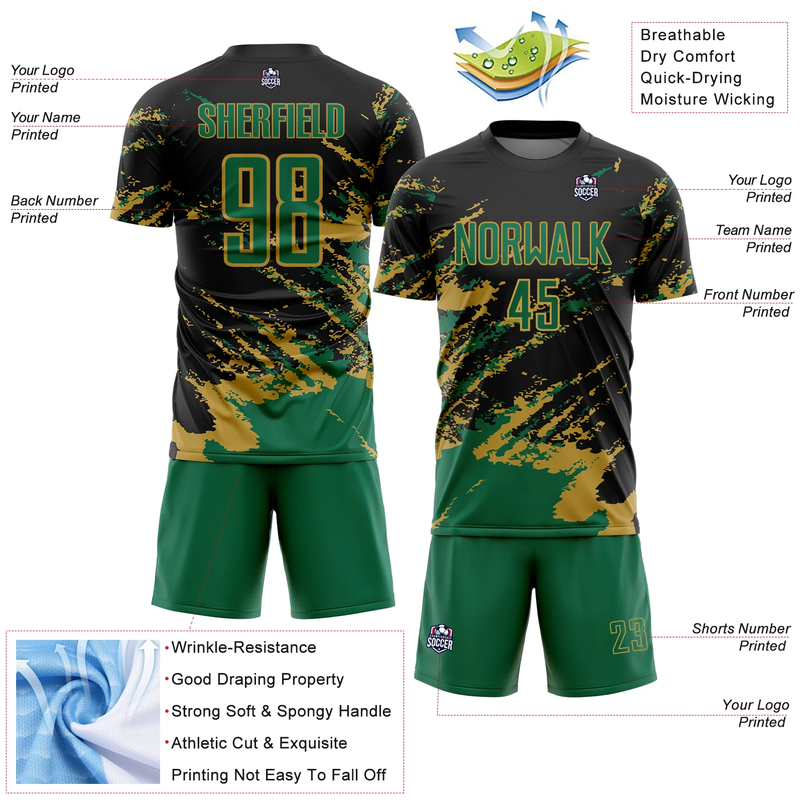 Custom Black Kelly Green-Old Gold Abstract Fragment Art Splash Sports Sublimation Soccer Uniform Jersey - Image 4