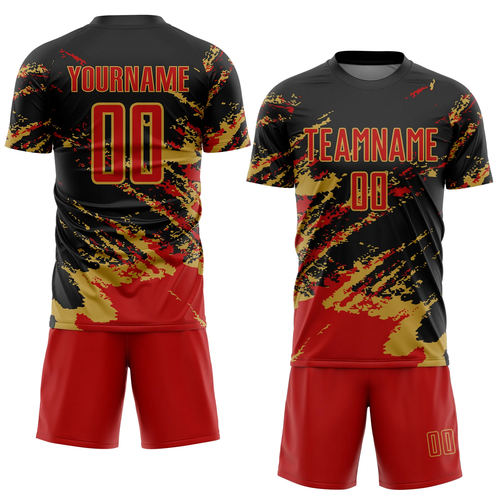 Custom Black Red-Old Gold Abstract Fragment Art Splash Sports Sublimation Soccer Uniform Jersey - Image 2