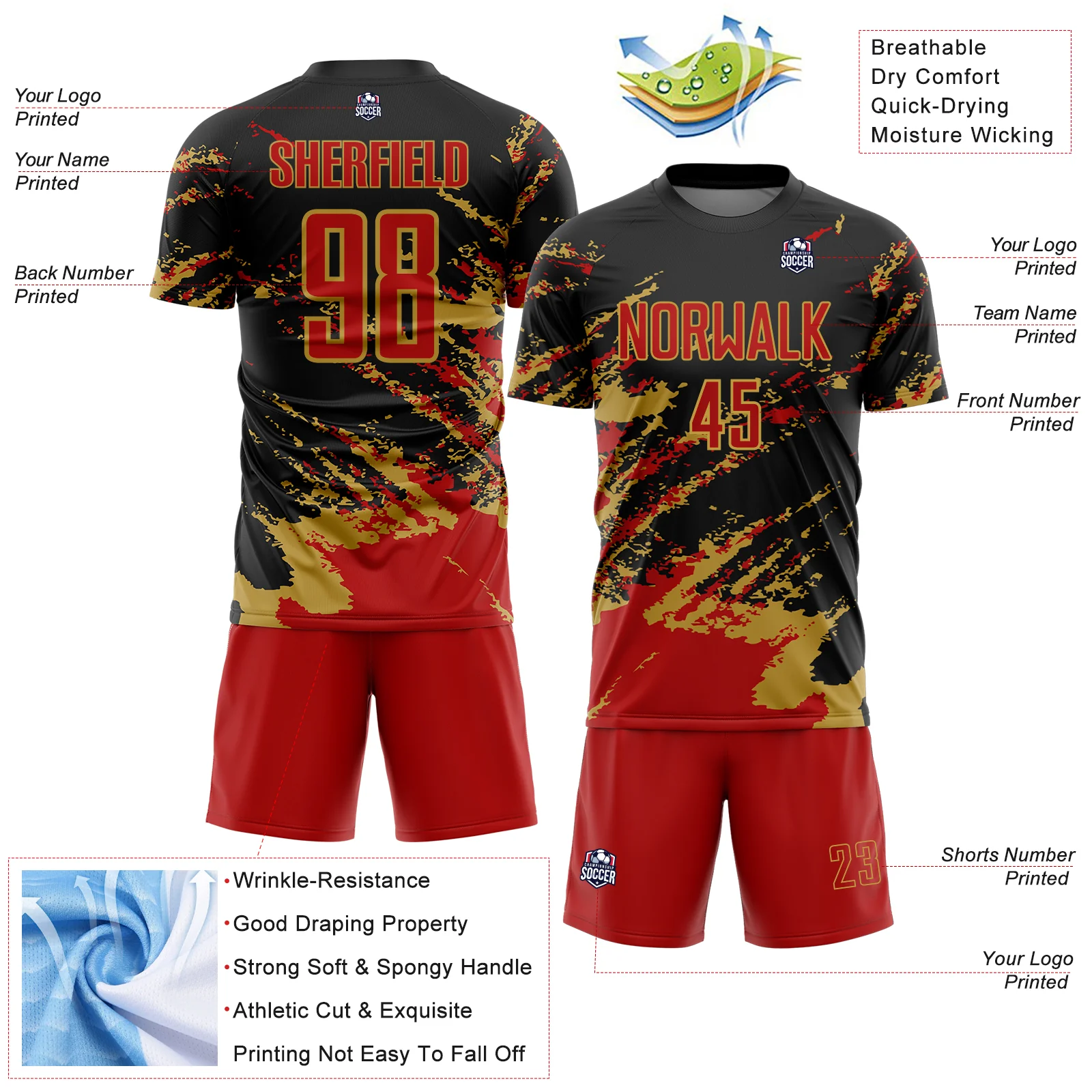 Custom Black Red-Old Gold Abstract Fragment Art Splash Sports Sublimation Soccer Uniform Jersey - Image 4