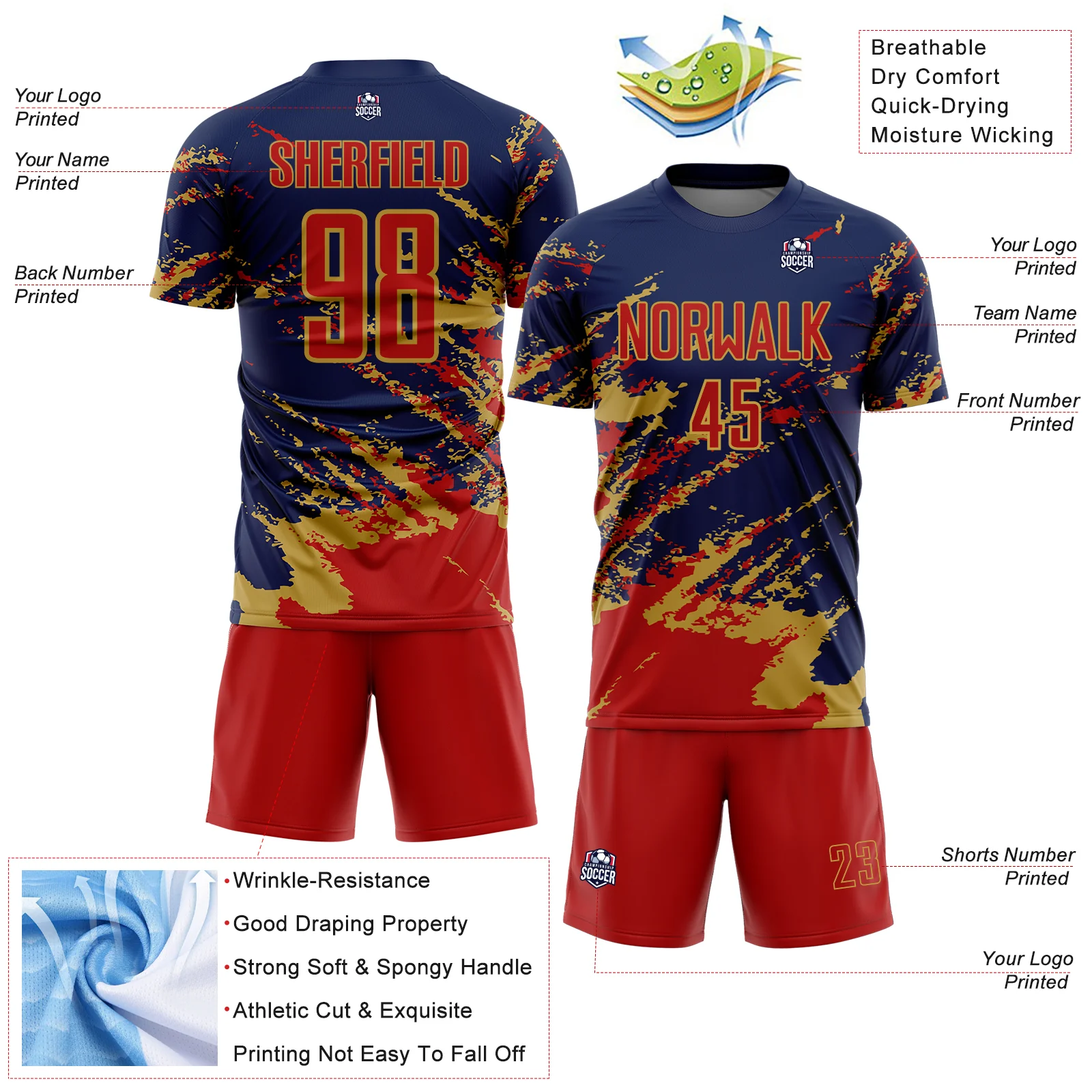 Custom Navy Red-Old Gold Abstract Fragment Art Splash Sports Sublimation Soccer Uniform Jersey - Image 4