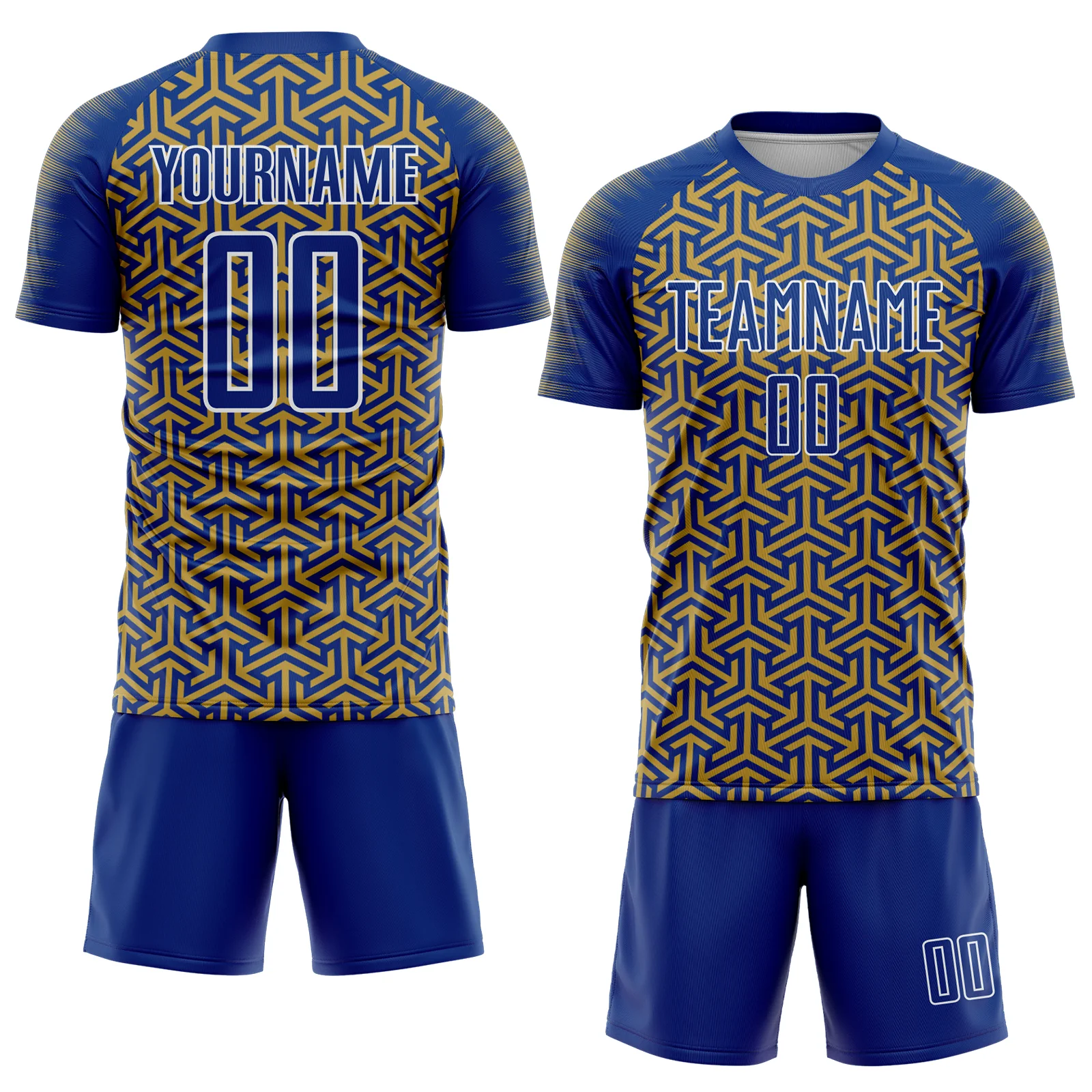 Custom Royal Old Gold-White Geometric Arrow Sublimation Soccer Uniform Jersey - Image 2
