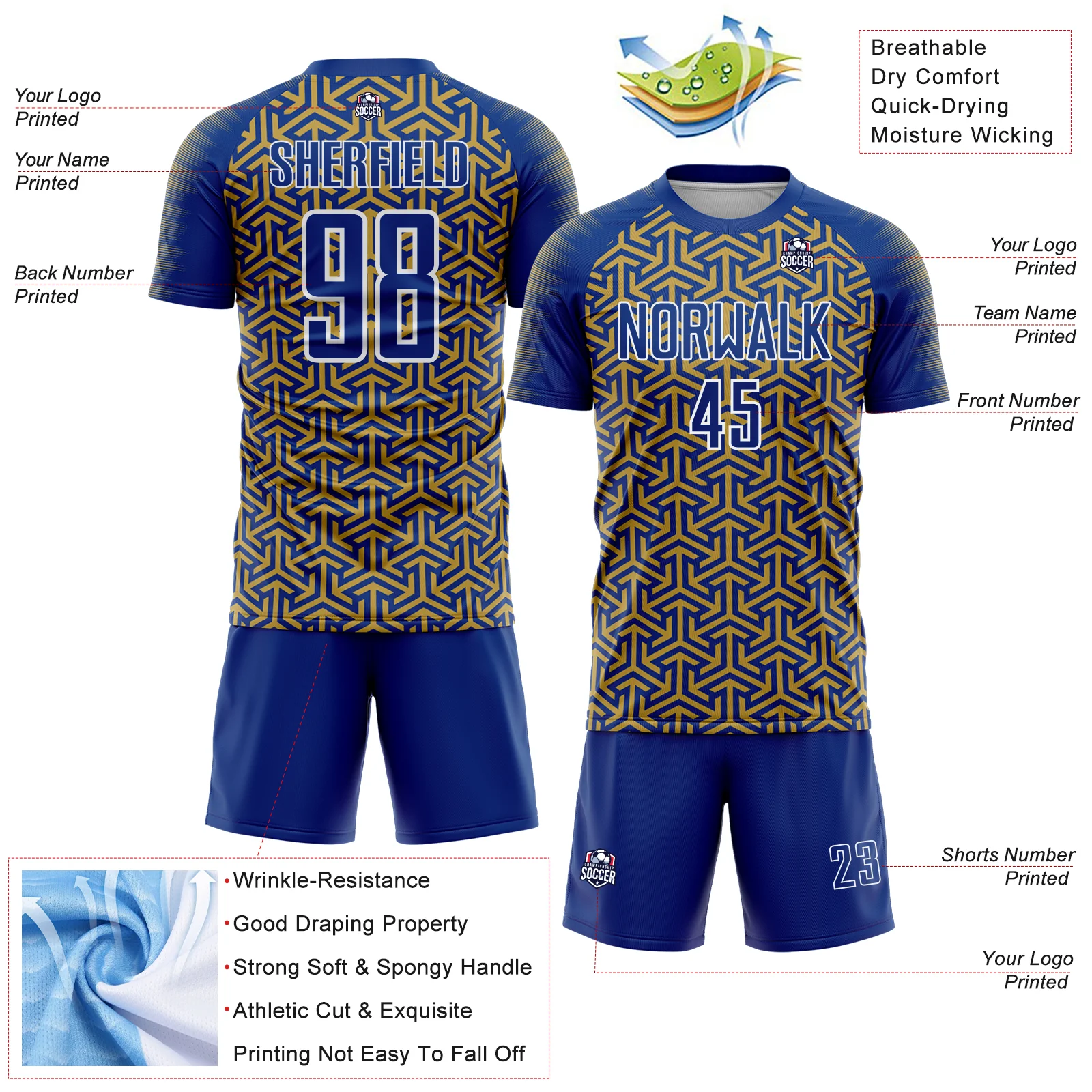 Custom Royal Old Gold-White Geometric Arrow Sublimation Soccer Uniform Jersey - Image 4