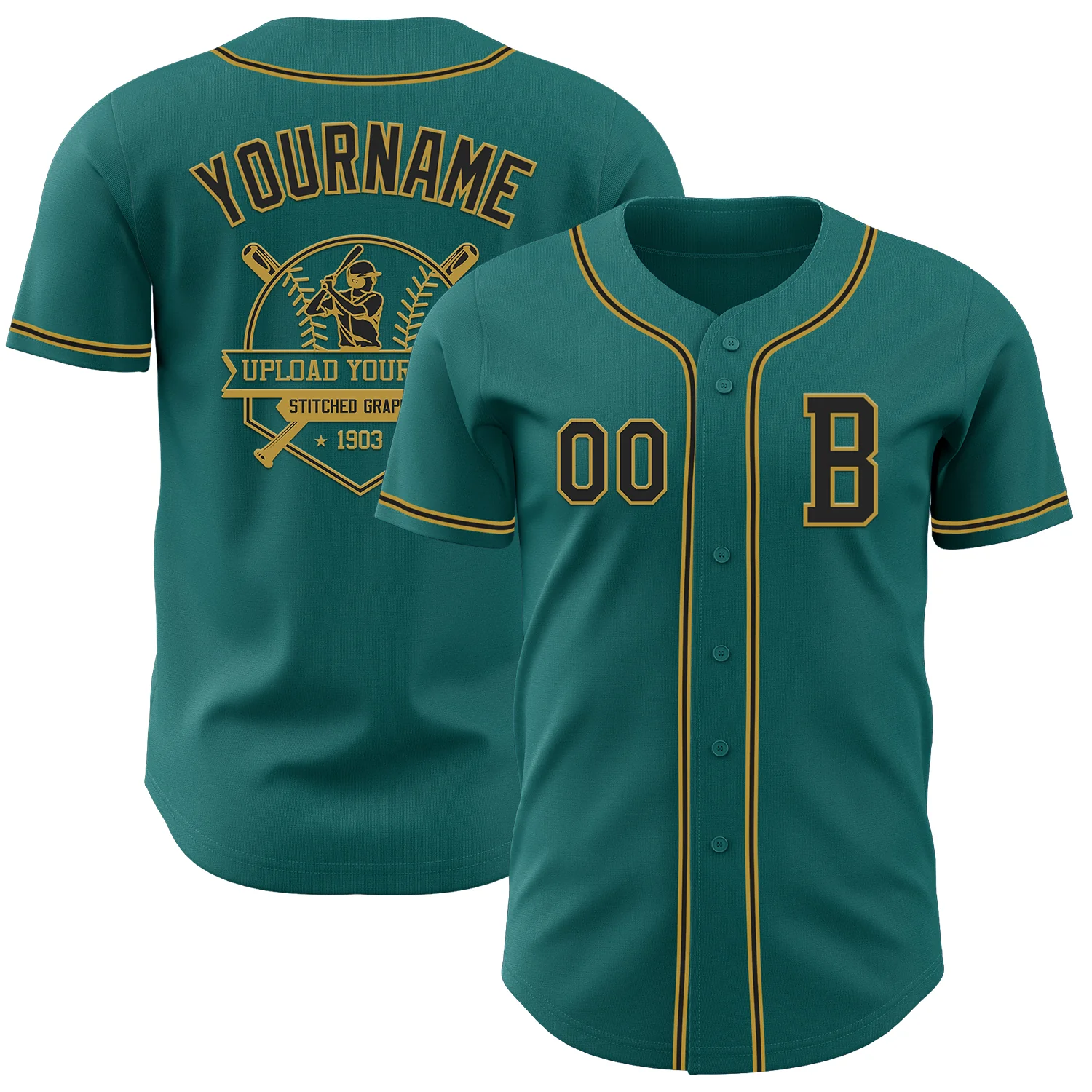 Custom Teal Black-Old Gold Authentic Baseball Jersey - Image 5