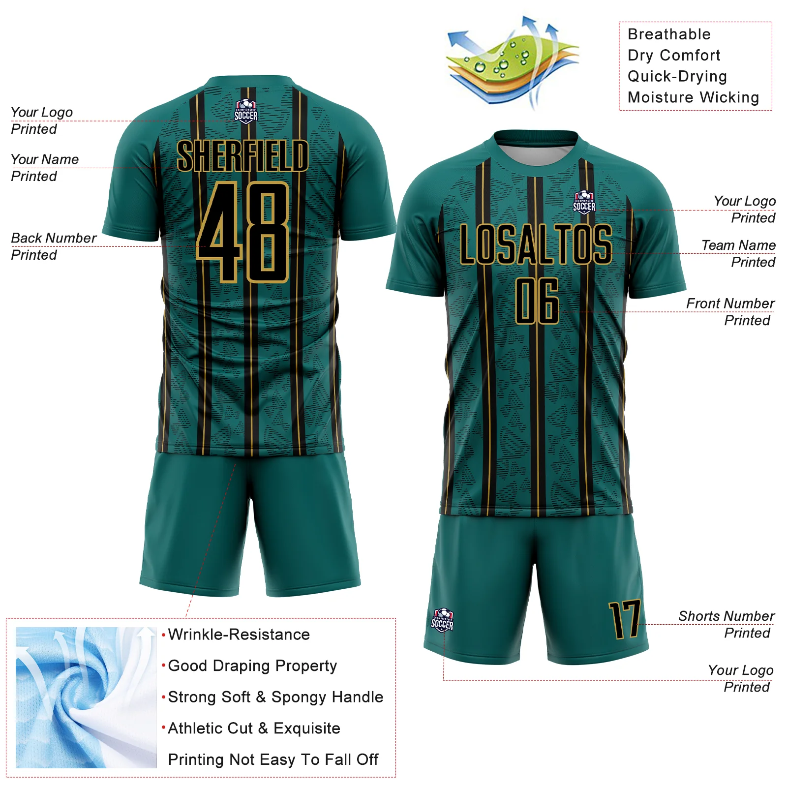 Custom Teal Black-Old Gold Stripe Line Sublimation Soccer Uniform Jersey - Image 4