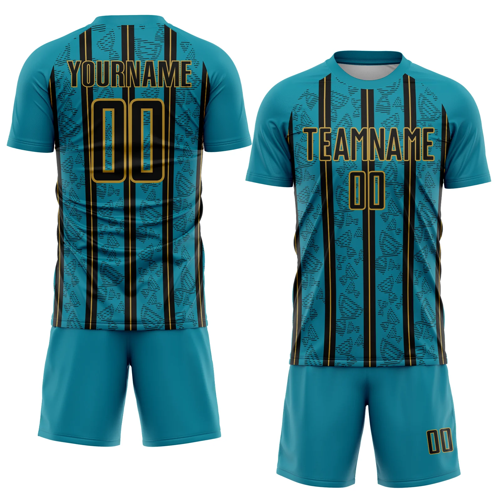 Custom Teal Black-Old Gold Stripe Line Sublimation Soccer Uniform Jersey - Image 2