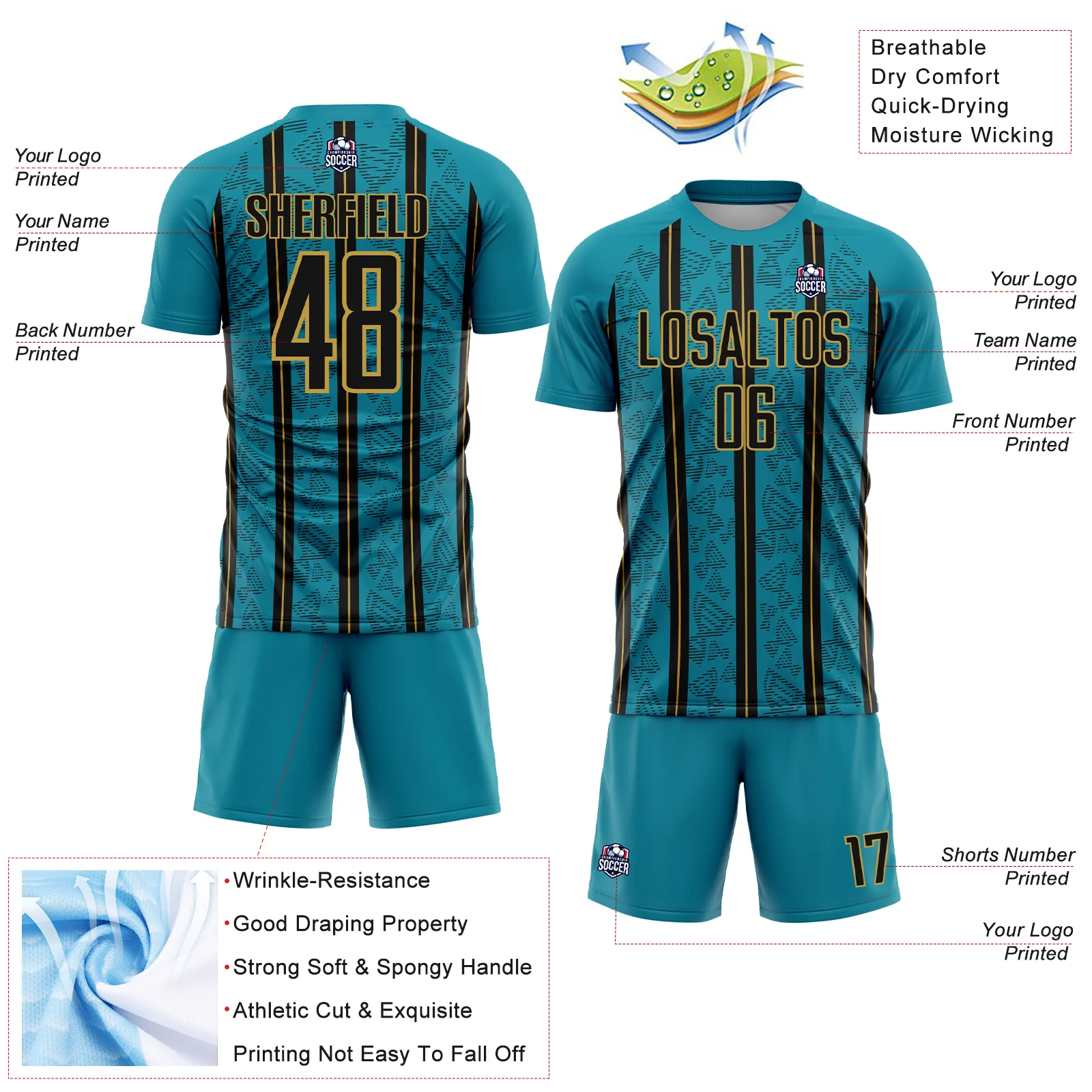 Custom Teal Black-Old Gold Stripe Line Sublimation Soccer Uniform Jersey - Image 4