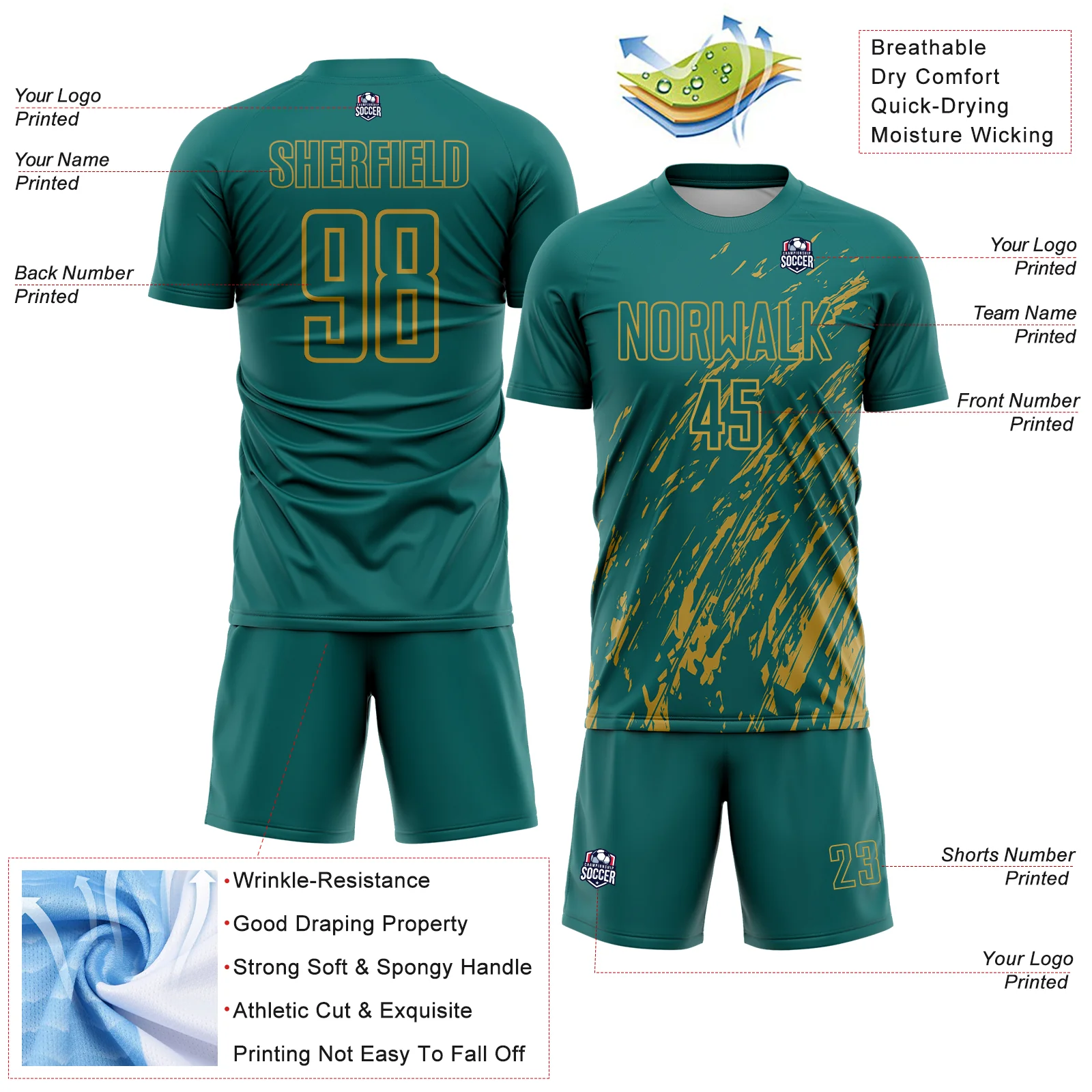 Custom Teal Old Gold Splash Sublimation Soccer Uniform Jersey - Image 4