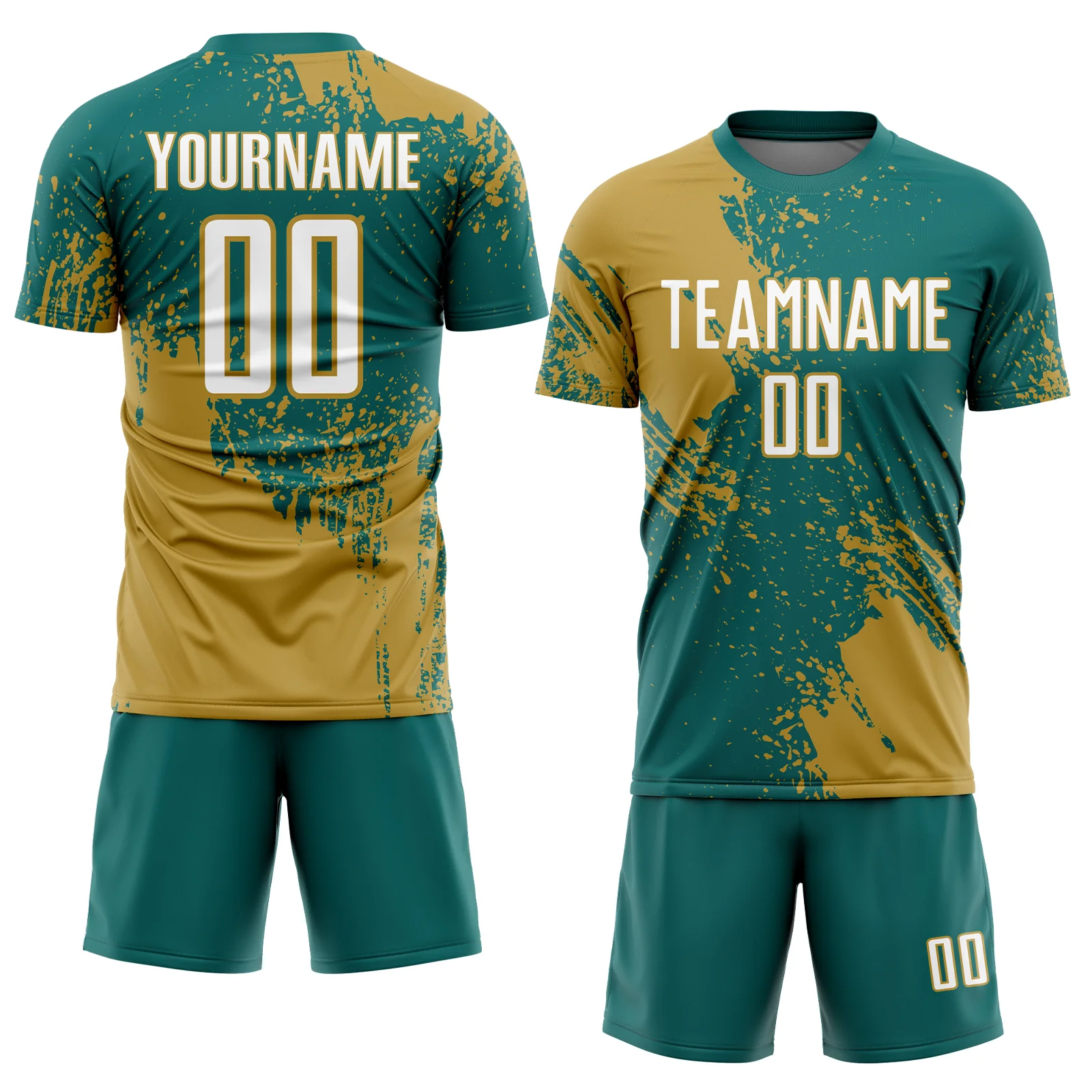Custom Teal White-Old Gold Abstract Brush Stroke Sports Sublimation Soccer Uniform Jersey - Image 2