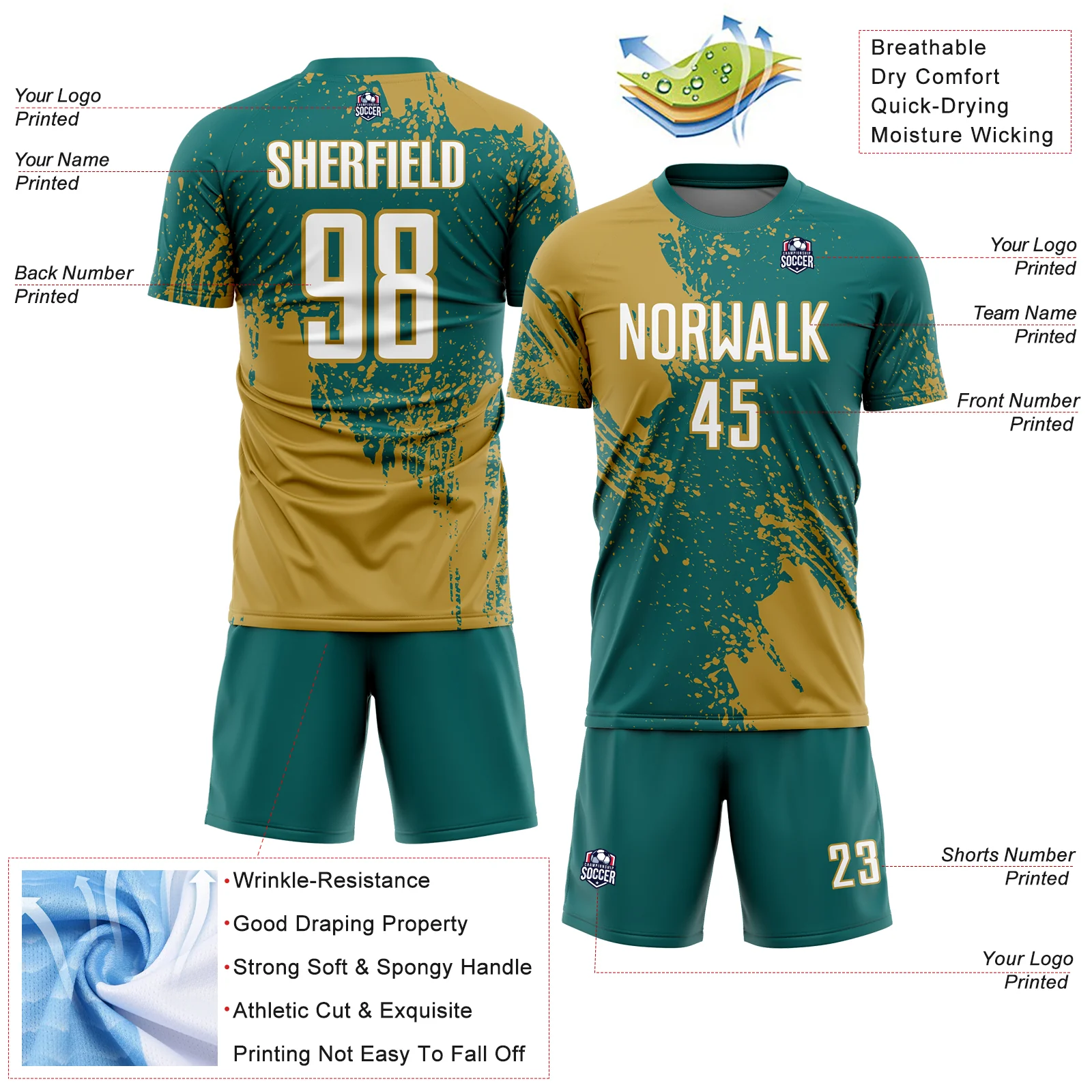 Custom Teal White-Old Gold Abstract Brush Stroke Sports Sublimation Soccer Uniform Jersey - Image 4
