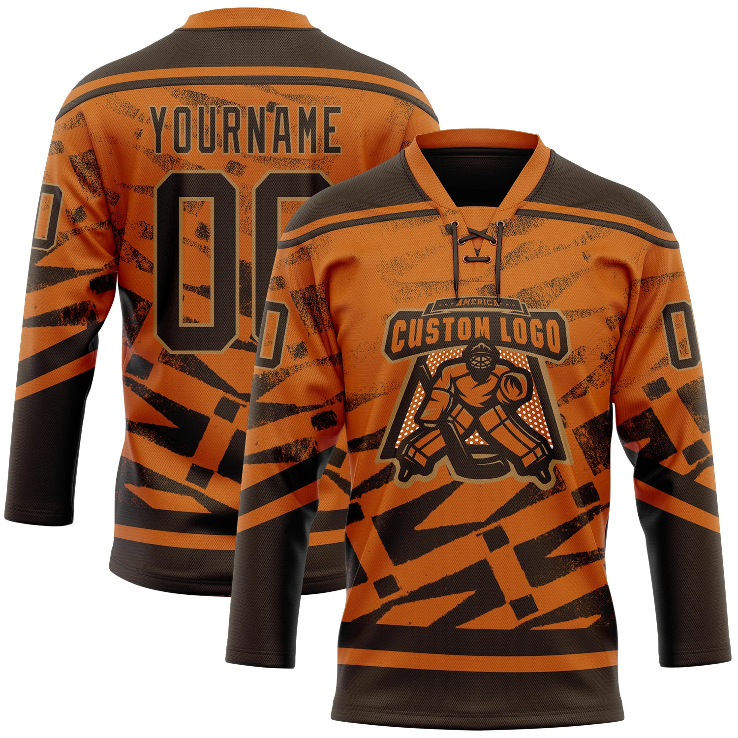 Custom Texas Orange Brown-Old Gold Tribal Indigenous Gradient Geometric Splash Hockey Lace Neck Jersey - Image 2