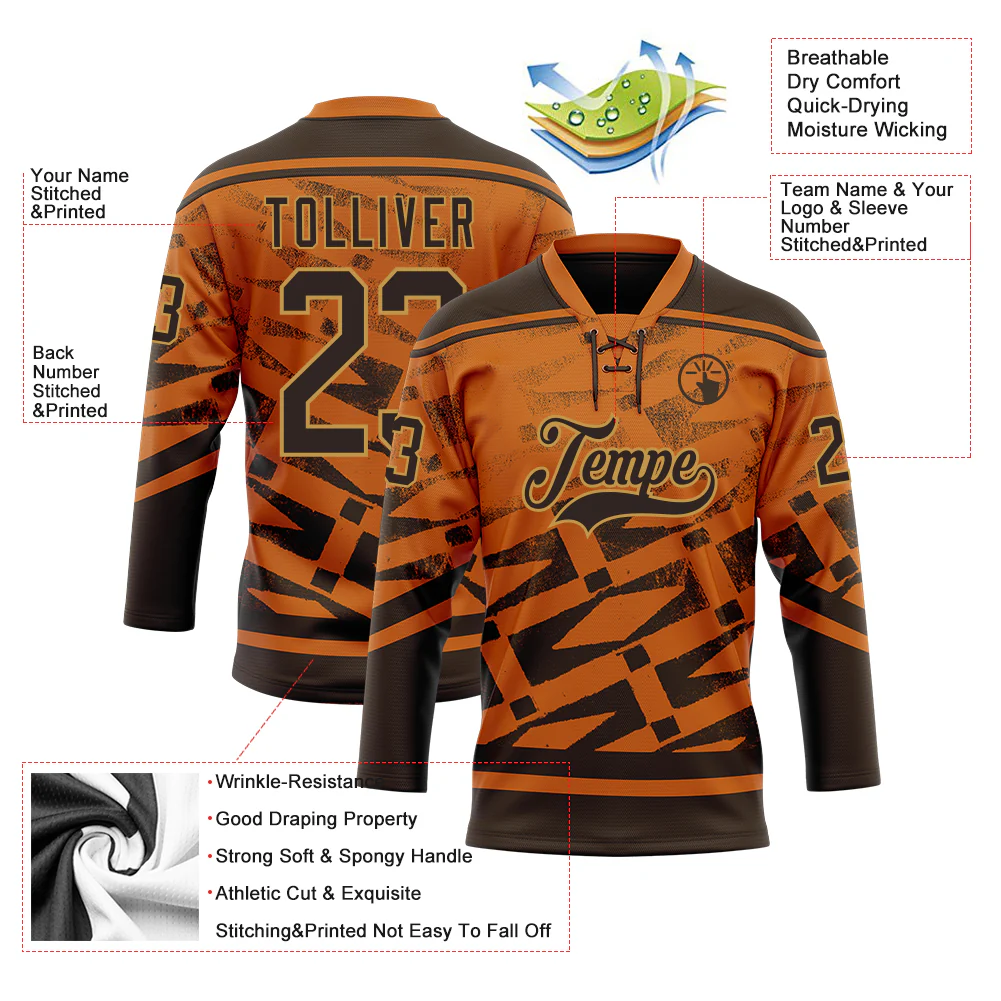 Custom Texas Orange Brown-Old Gold Tribal Indigenous Gradient Geometric Splash Hockey Lace Neck Jersey - Image 5