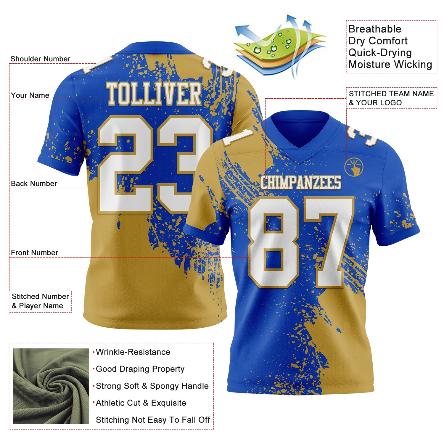 Custom Thunder Blue White-Old Gold 3D Pattern Abstract Brush Stroke Authentic Football Jersey - Image 2