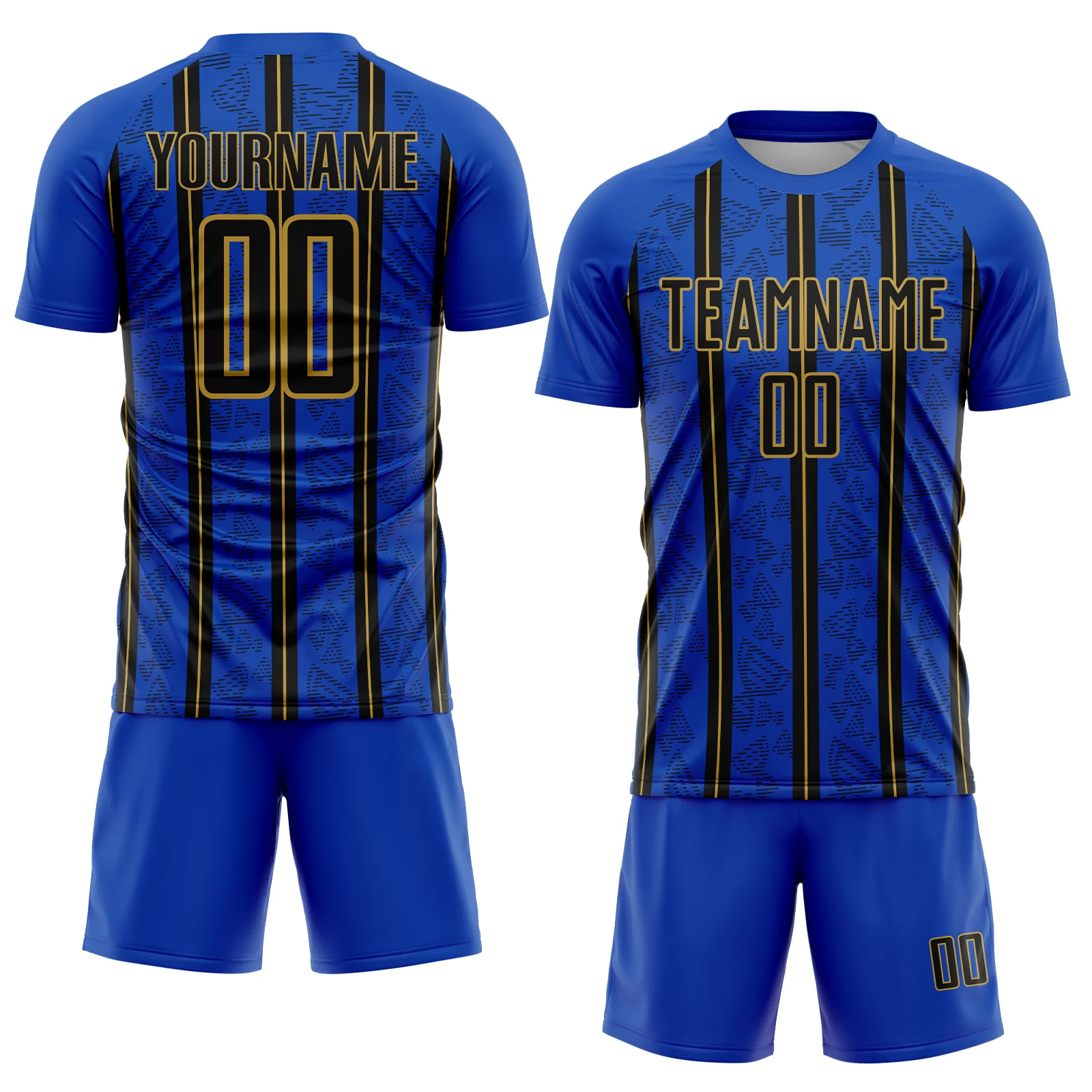Custom Thunder Blue Black-Old Gold Stripe Line Sublimation Soccer Uniform Jersey - Image 2