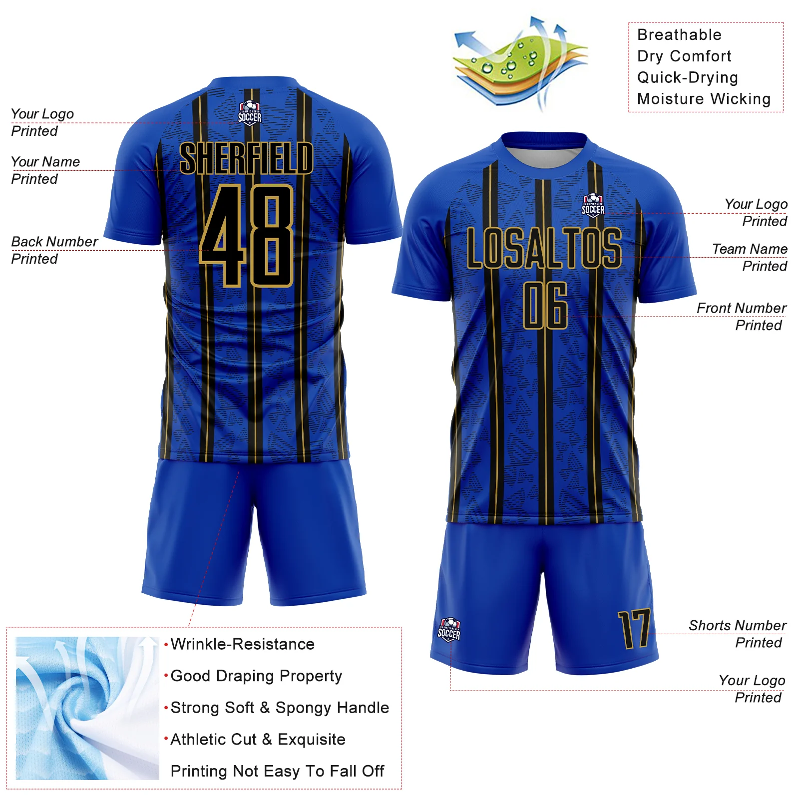 Custom Thunder Blue Black-Old Gold Stripe Line Sublimation Soccer Uniform Jersey - Image 4