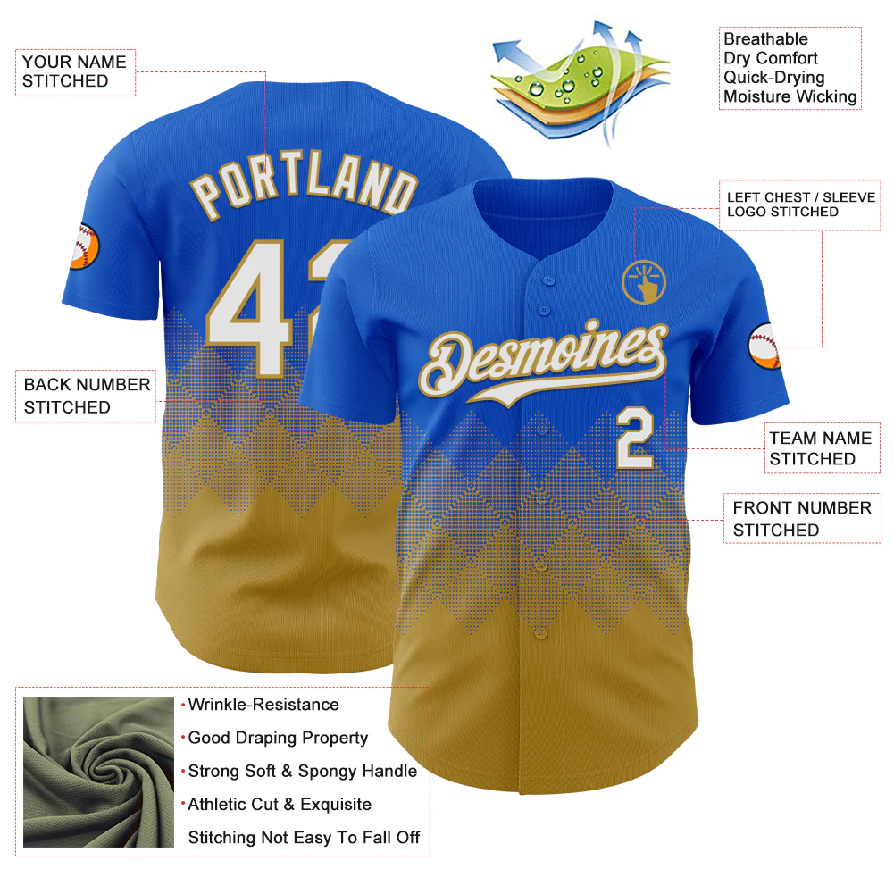 Custom Thunder Blue White-Old Gold 3D Gradient Square Shape Authentic Baseball Jersey - Image 3