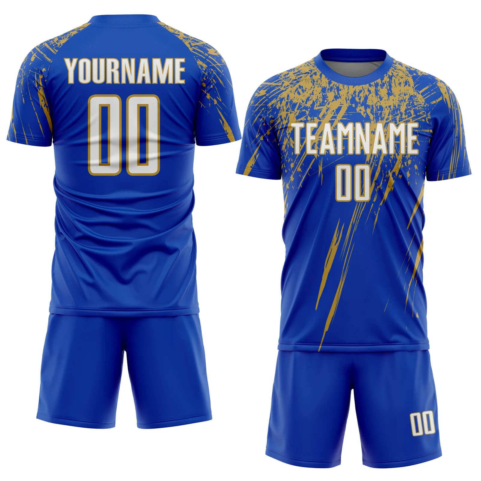 Custom Thunder Blue White-Old Gold Splash Sports Sublimation Soccer Uniform Jersey - Image 2