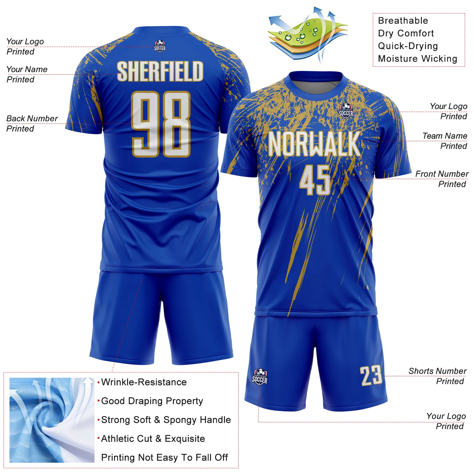 Custom Thunder Blue White-Old Gold Splash Sports Sublimation Soccer Uniform Jersey - Image 4