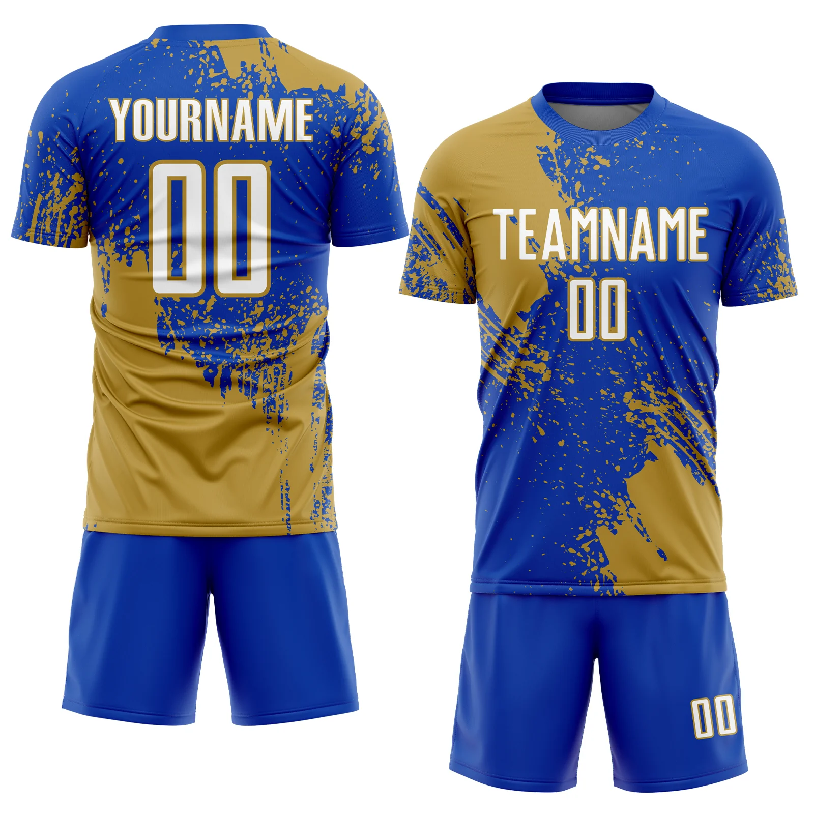 Custom Thunder Blue White-Old Gold Abstract Brush Stroke Sports Sublimation Soccer Uniform Jersey - Image 2