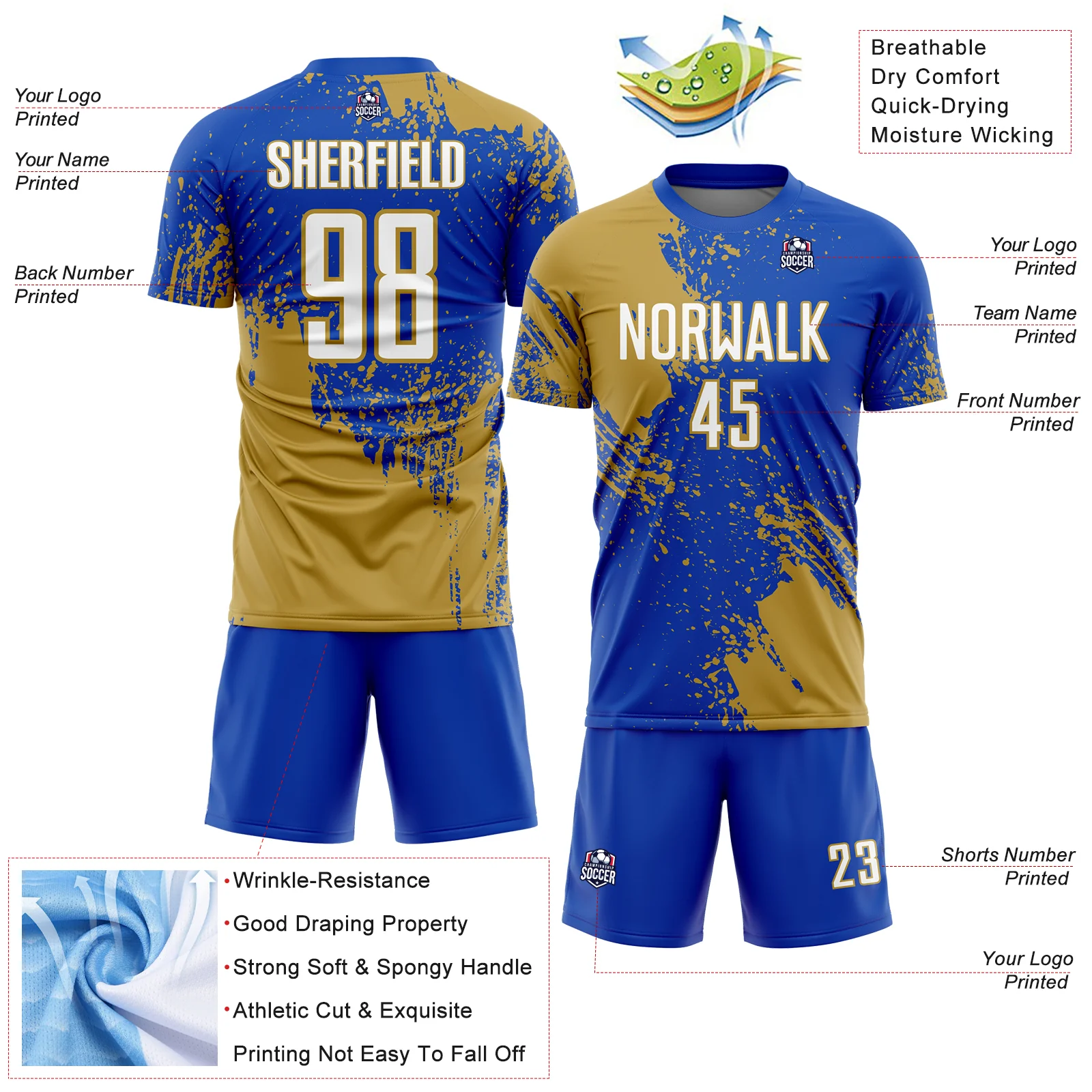 Custom Thunder Blue White-Old Gold Abstract Brush Stroke Sports Sublimation Soccer Uniform Jersey - Image 4