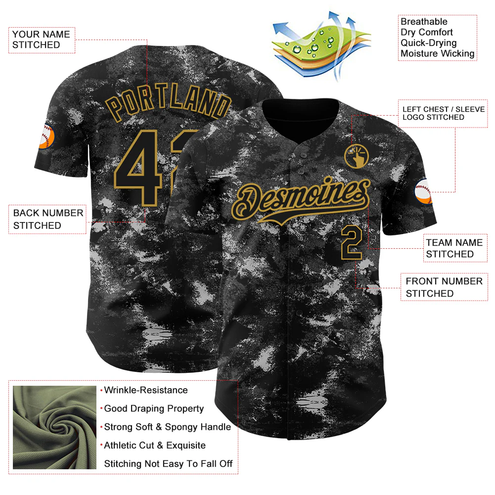 Custom Tie Dye Black-Old Gold Authentic Baseball Jersey - Image 3