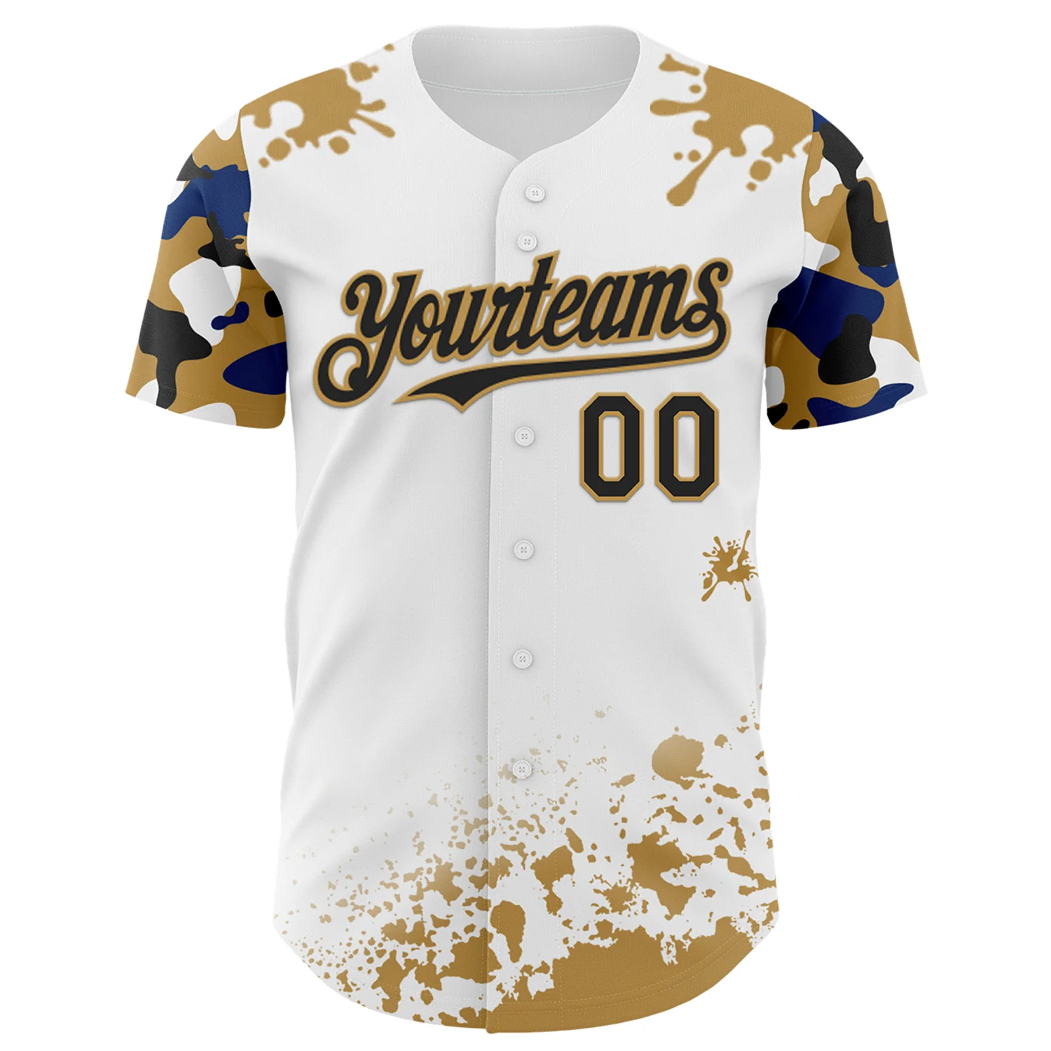 Custom White Black Old Gold-Blue Splatter Camo Two Tone Authentic Baseball Jersey - Image 2