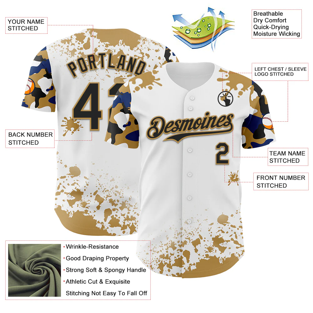 Custom White Black Old Gold-Blue Splatter Camo Two Tone Authentic Baseball Jersey - Image 3
