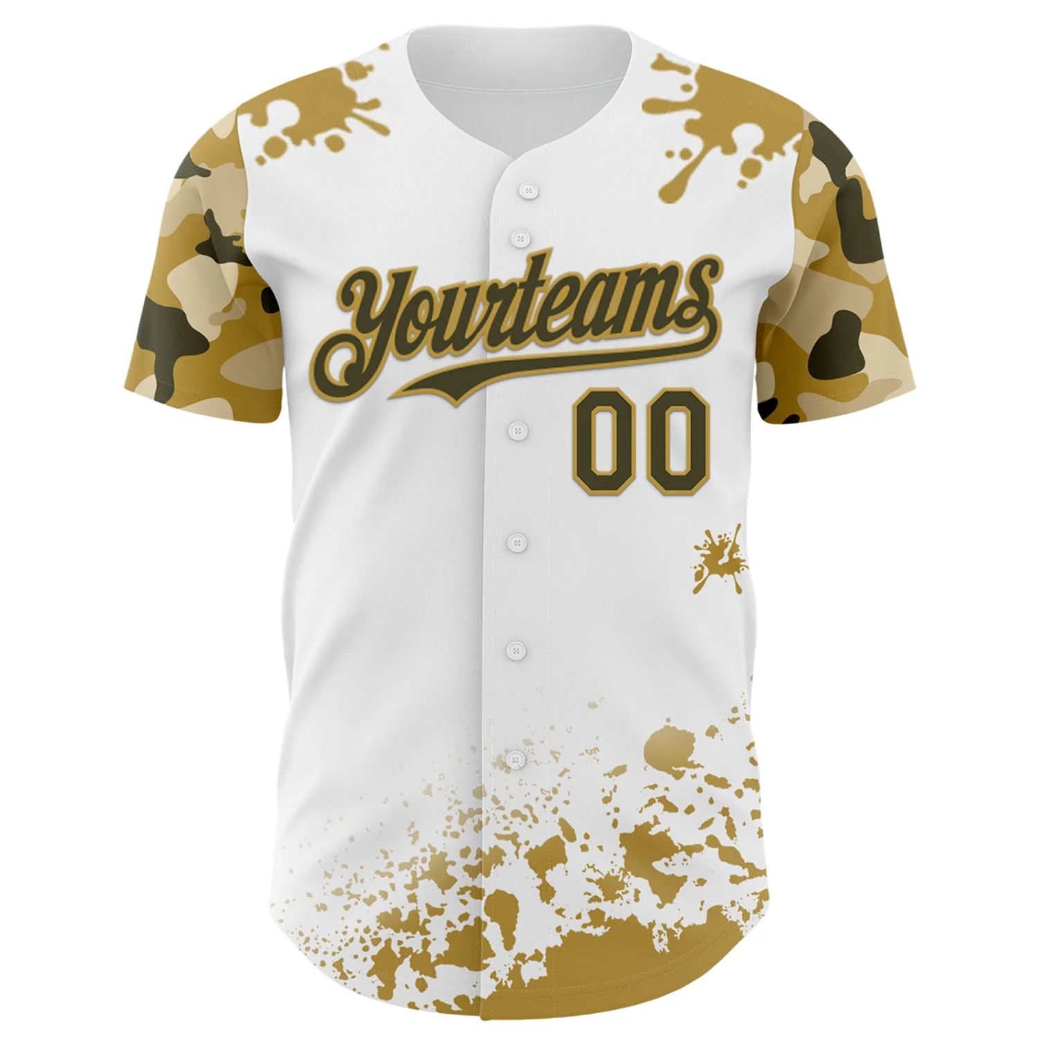 Custom White Olive-Old Gold Splatter Camo Two Tone Authentic Baseball Jersey - Image 2