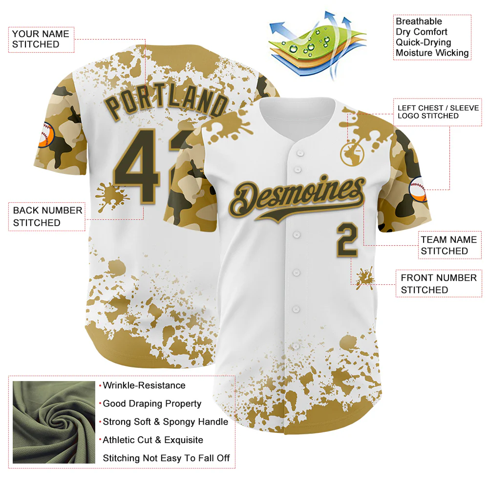 Custom White Olive-Old Gold Splatter Camo Two Tone Authentic Baseball Jersey - Image 3