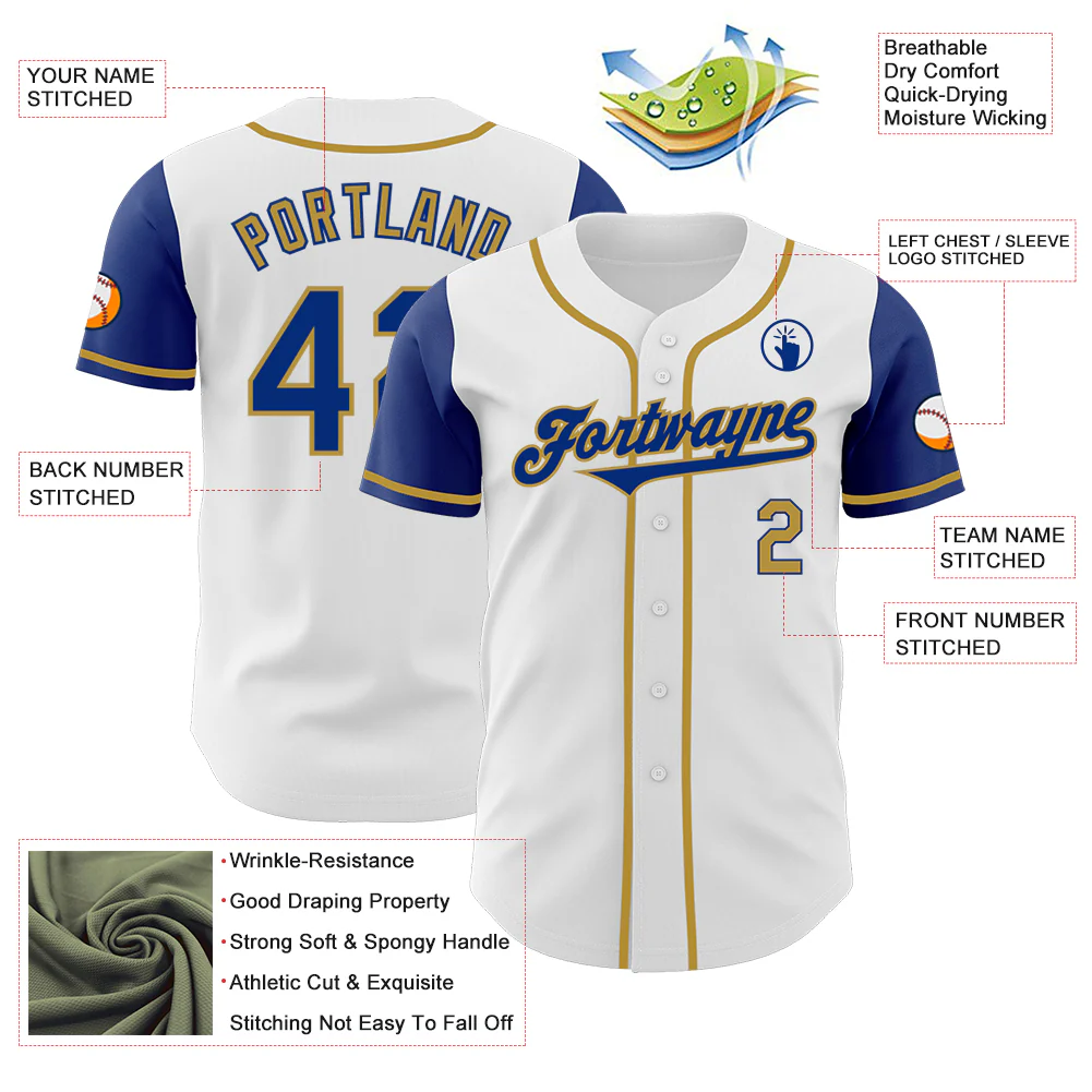 Custom White Royal-Old Gold Authentic Two Tone Baseball Jersey - Image 3