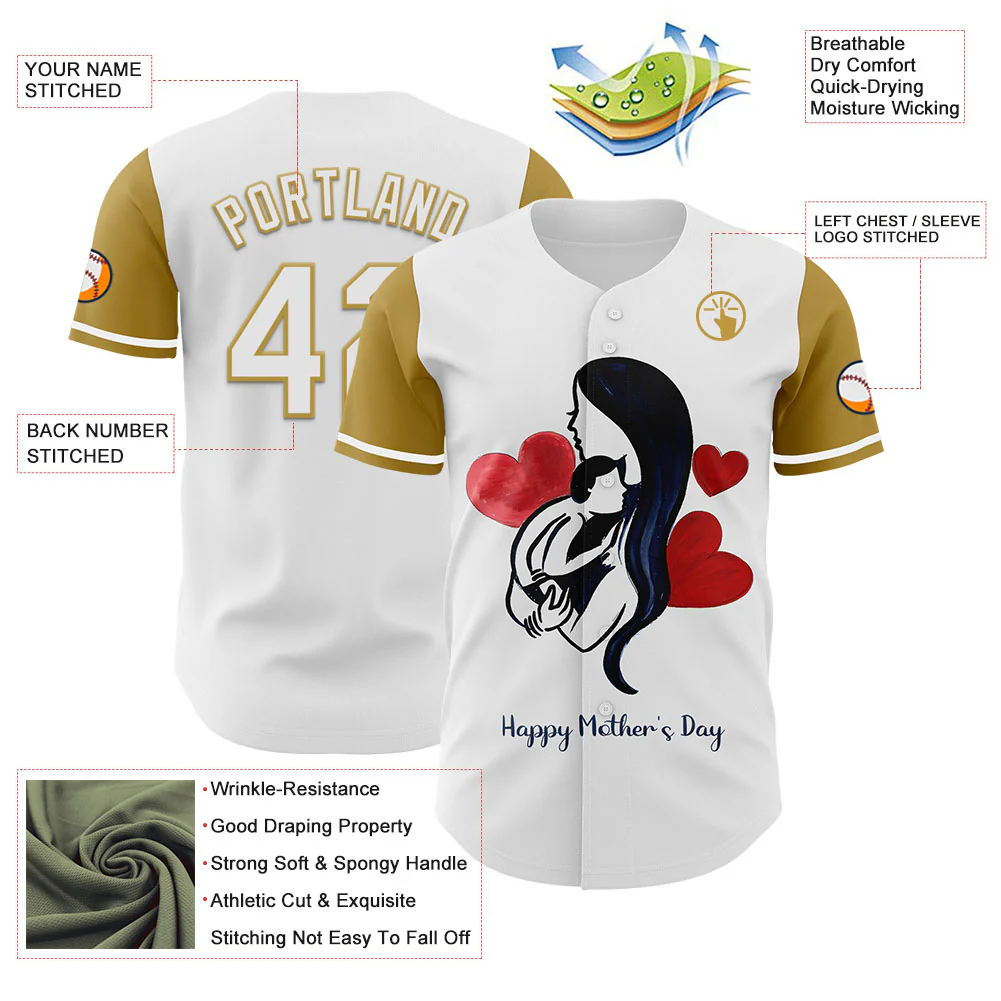 Custom White Old Gold 3D Pattern Design Mother's Day Family Love Authentic Baseball Jersey - Image 3