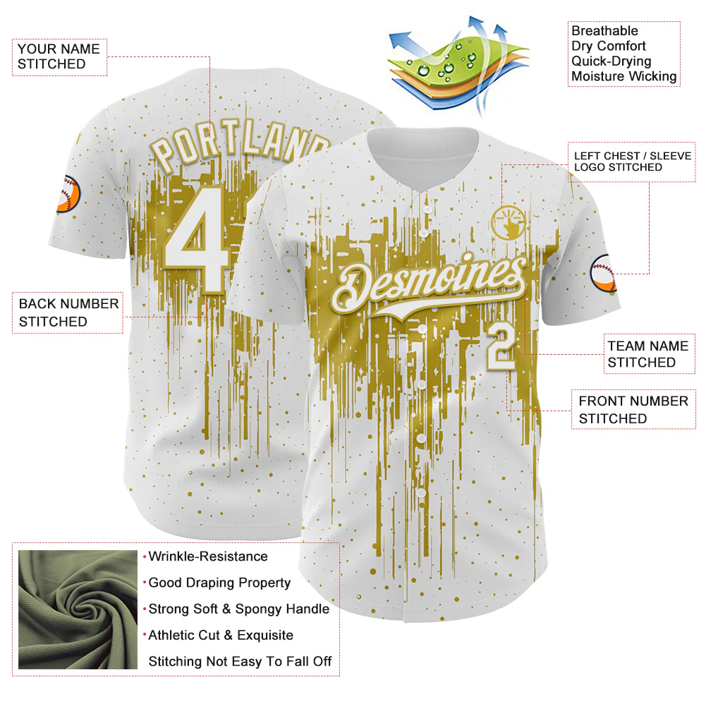 Custom White Old Gold Dripping Splatter Paint Authentic Baseball Jersey - Image 3
