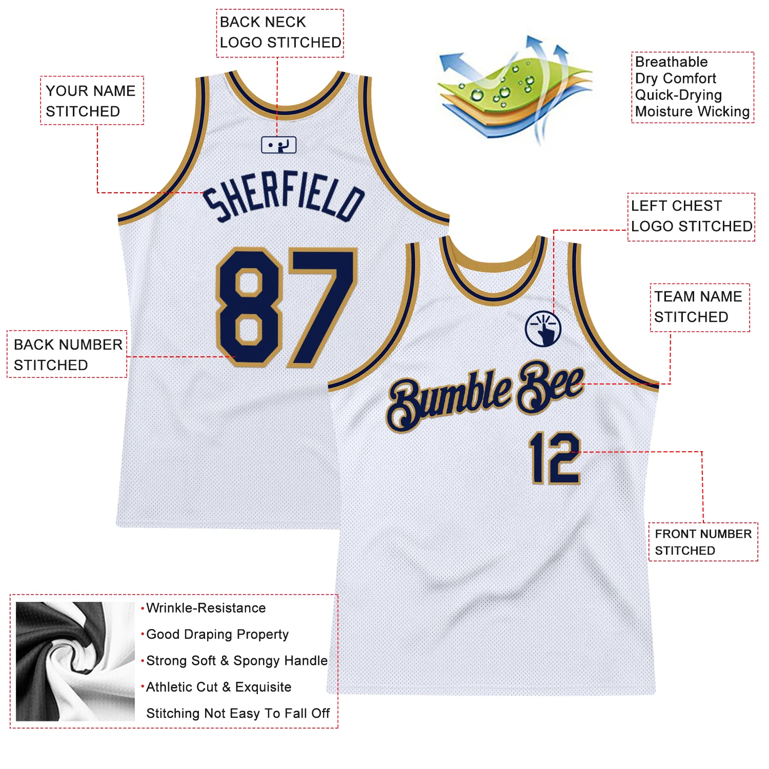 Custom White Navy-Old Gold Authentic Throwback Basketball Jersey - Image 2