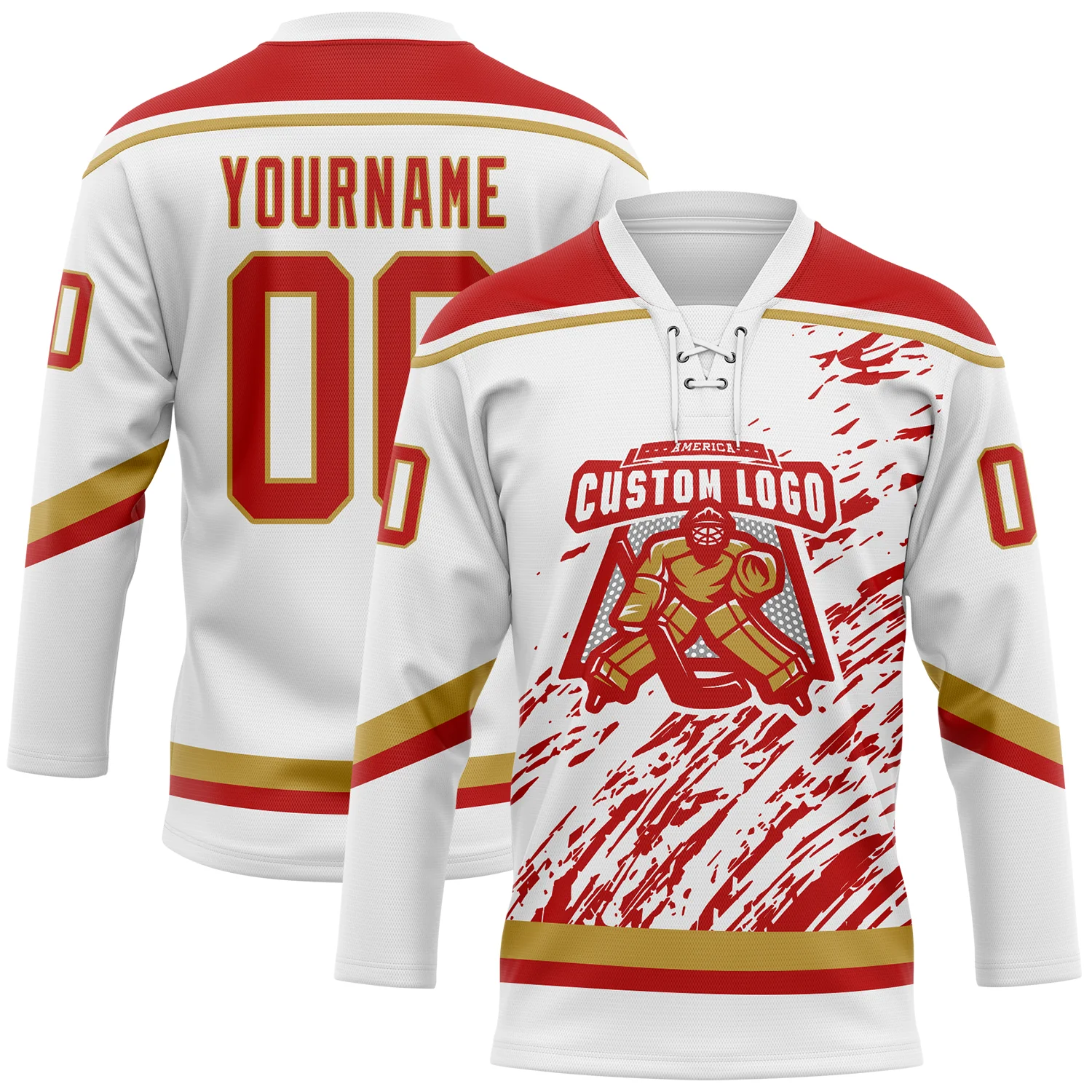 Custom White Red-Old Gold 3D Splash Art Hockey Lace Neck Jersey - Image 2