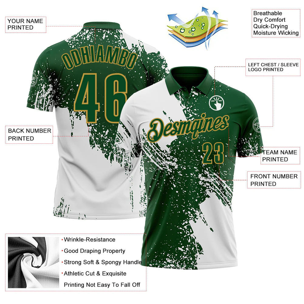 Custom White Green-Old Gold 3D Pattern Design Abstract Brush Stroke Performance Polo Shirt - Image 3