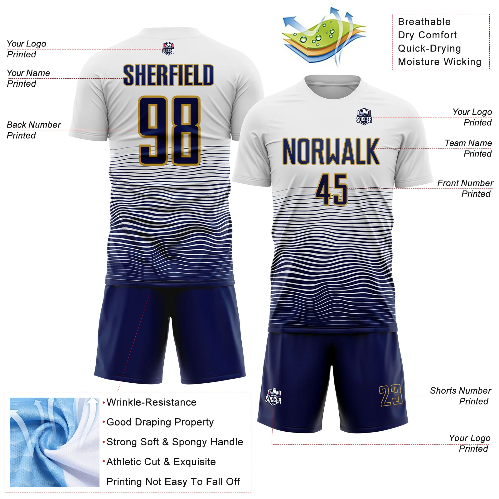 Custom White Navy-Old Gold Gradient Wave Line Sports Sublimation Soccer Uniform Jersey - Image 4